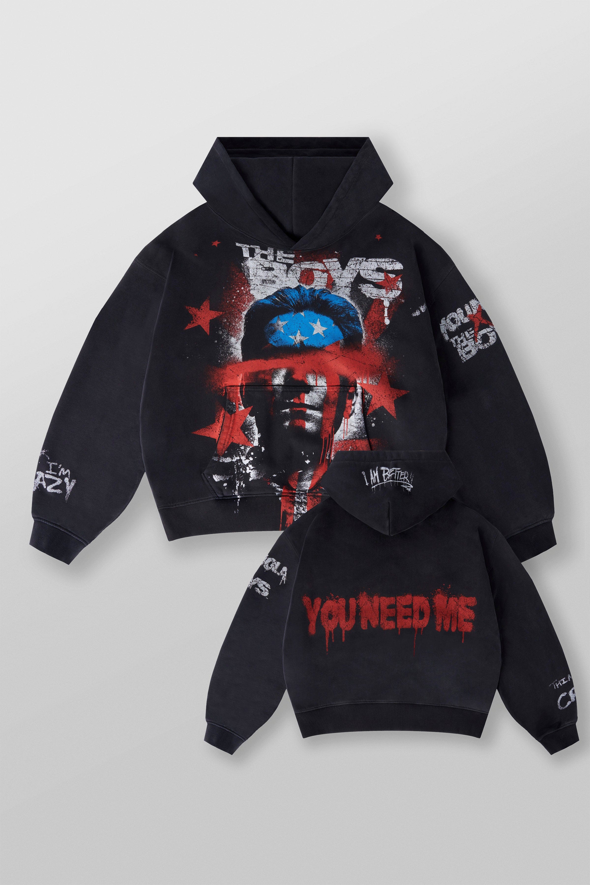 Front view of the oversized graphic hoodie highlighting its bold design.