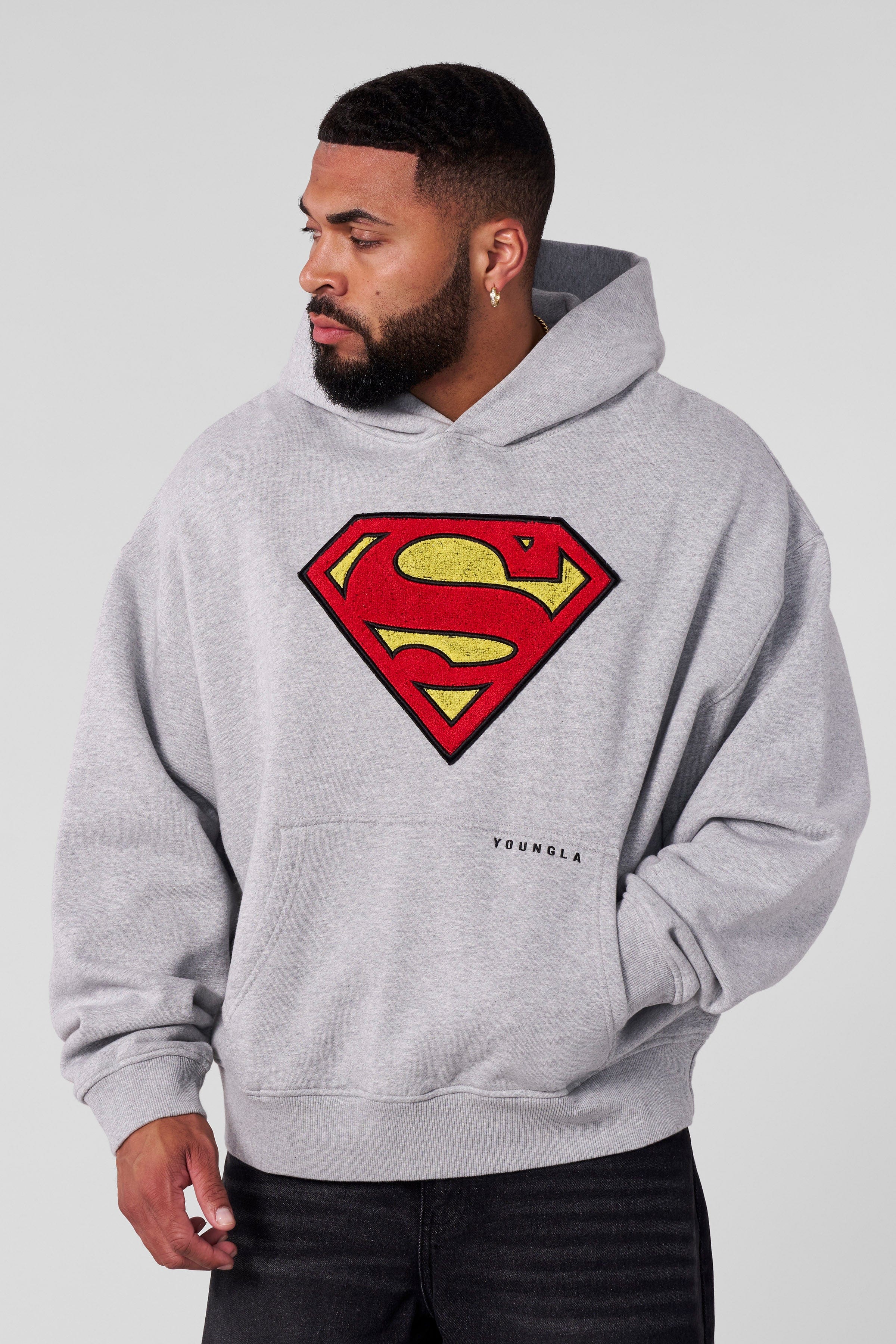 Close-up of the chenille patch on the Superman Legacy hoodie.