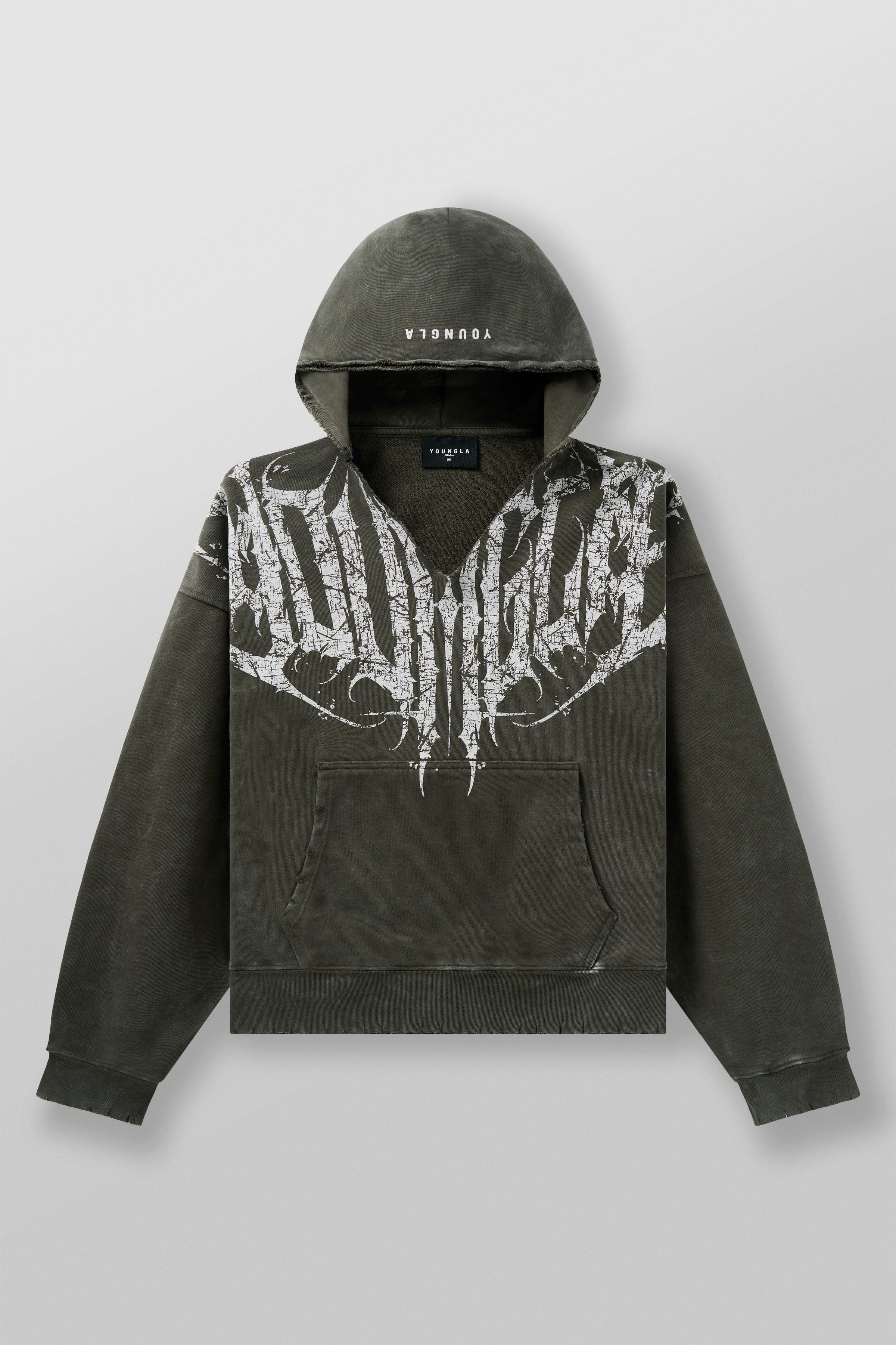 Front view of the distressed anarchy hoodie with bold logo and rugged design
