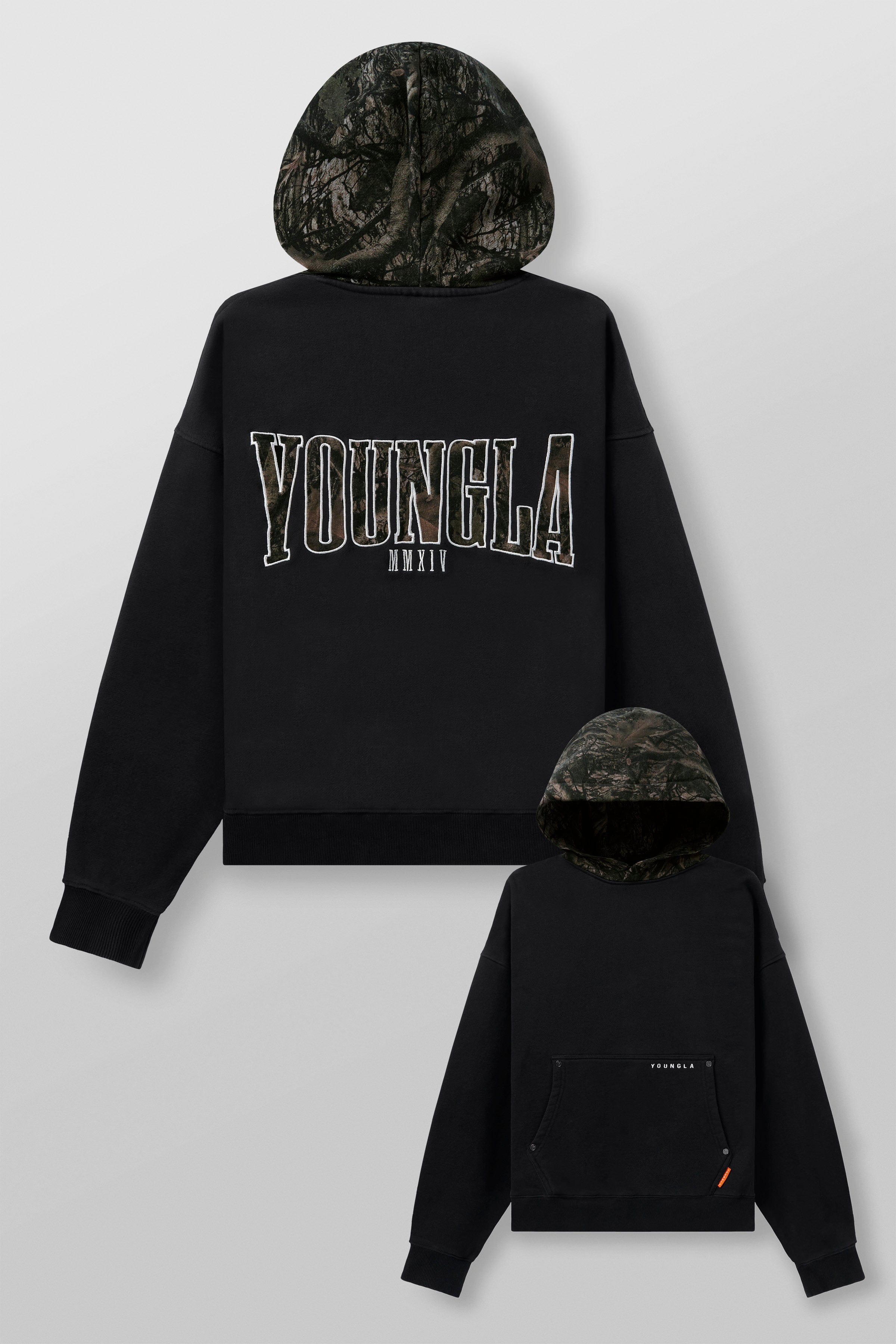 Front view of the tree camo hoodie, showcasing its relaxed fit.