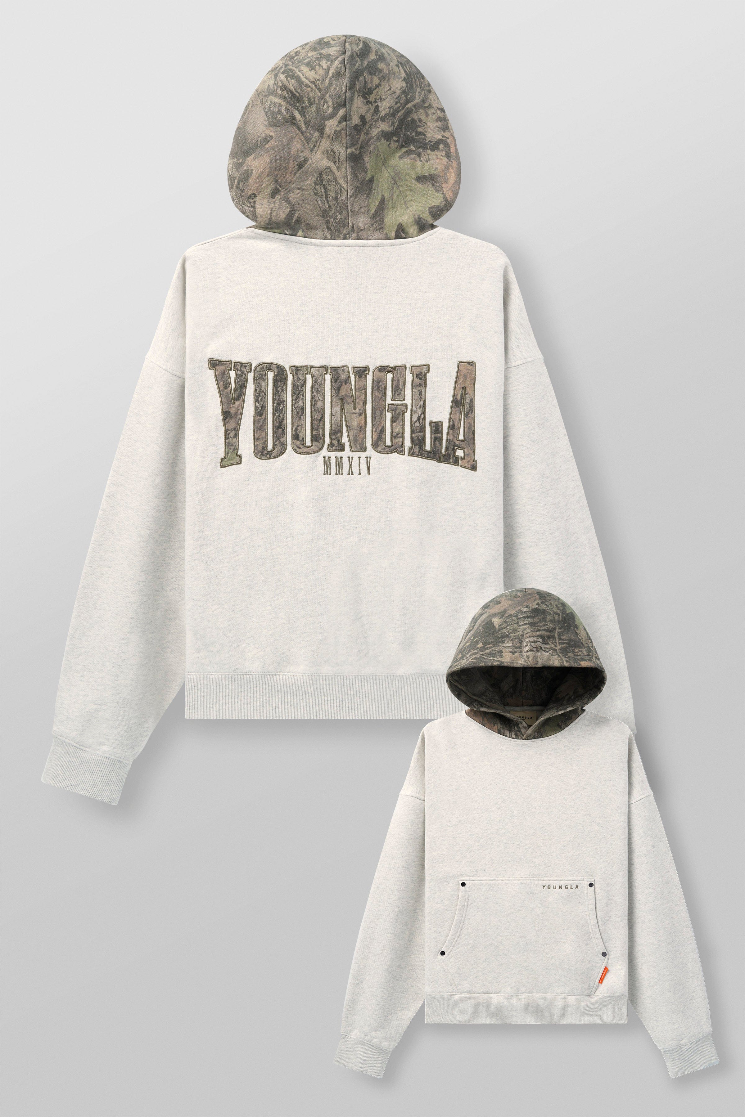 Side view of the tree camo hoodie, highlighting the unique camo pattern.