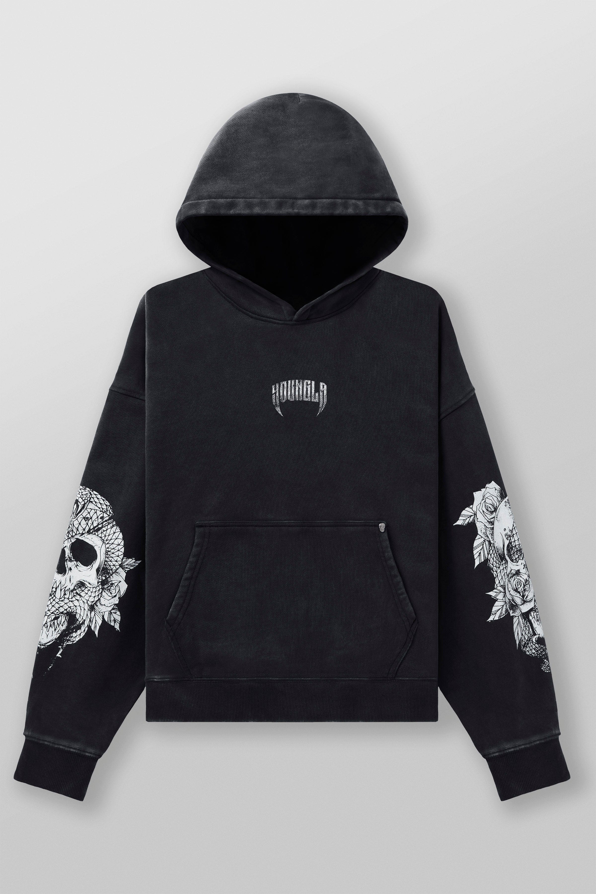 Front view of oversized hoodie men style with skull sleeve design, perfect for fall layering