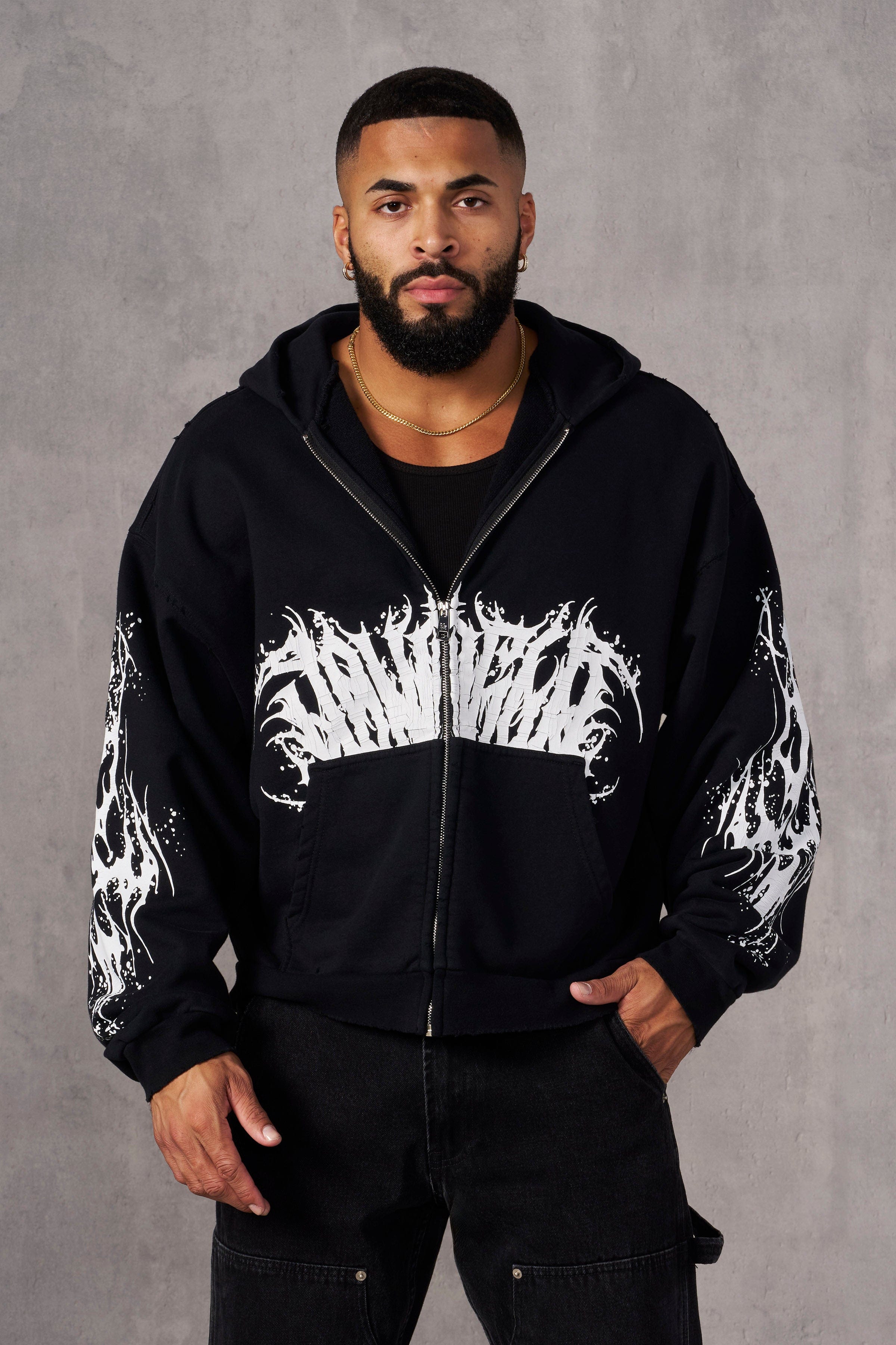 Model wearing the oversized Venom hoodie outdoors, emphasizing its comfortable fit and vintage style