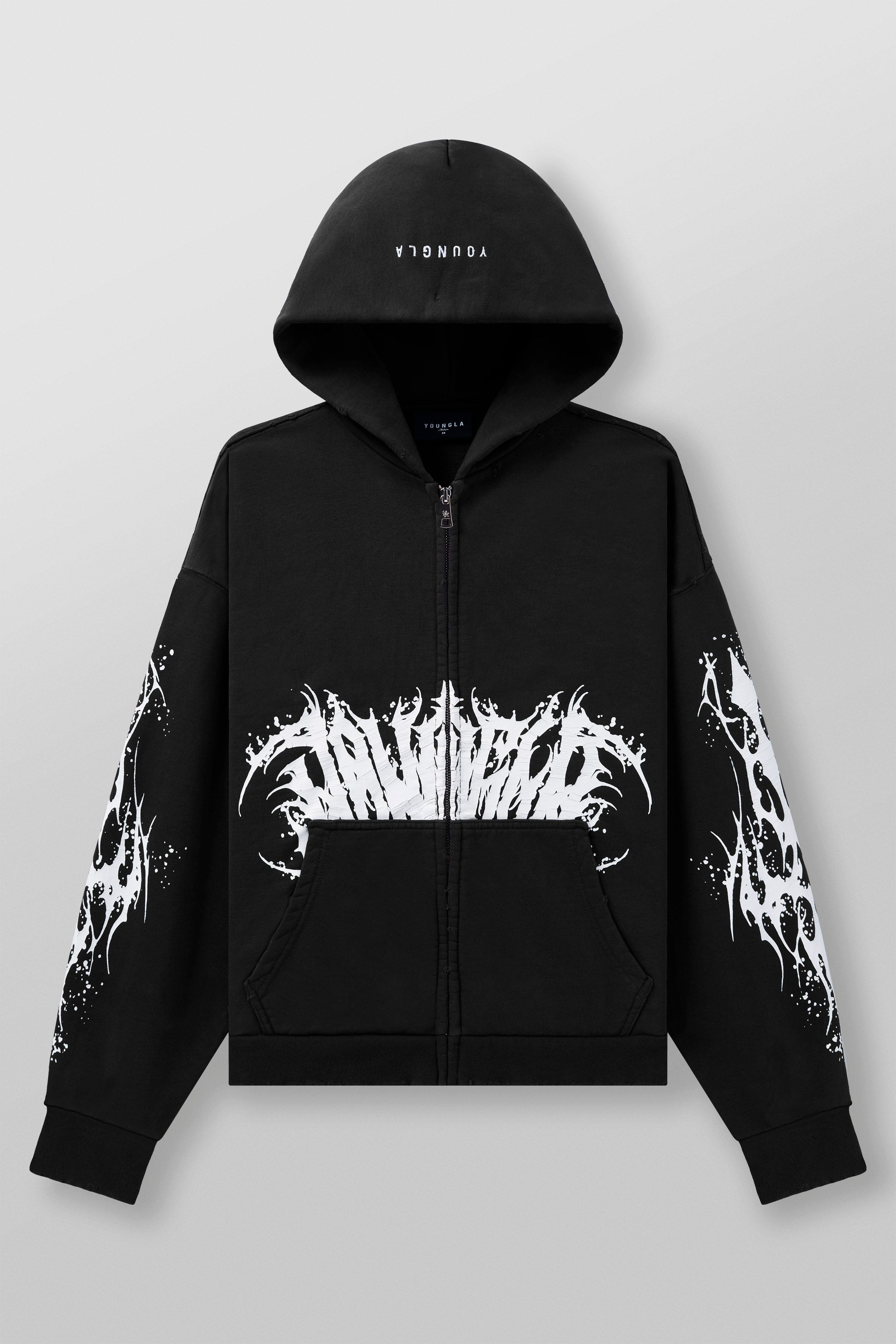 Model wearing the oversized Venom hoodie outdoors, emphasizing its comfortable fit and vintage style