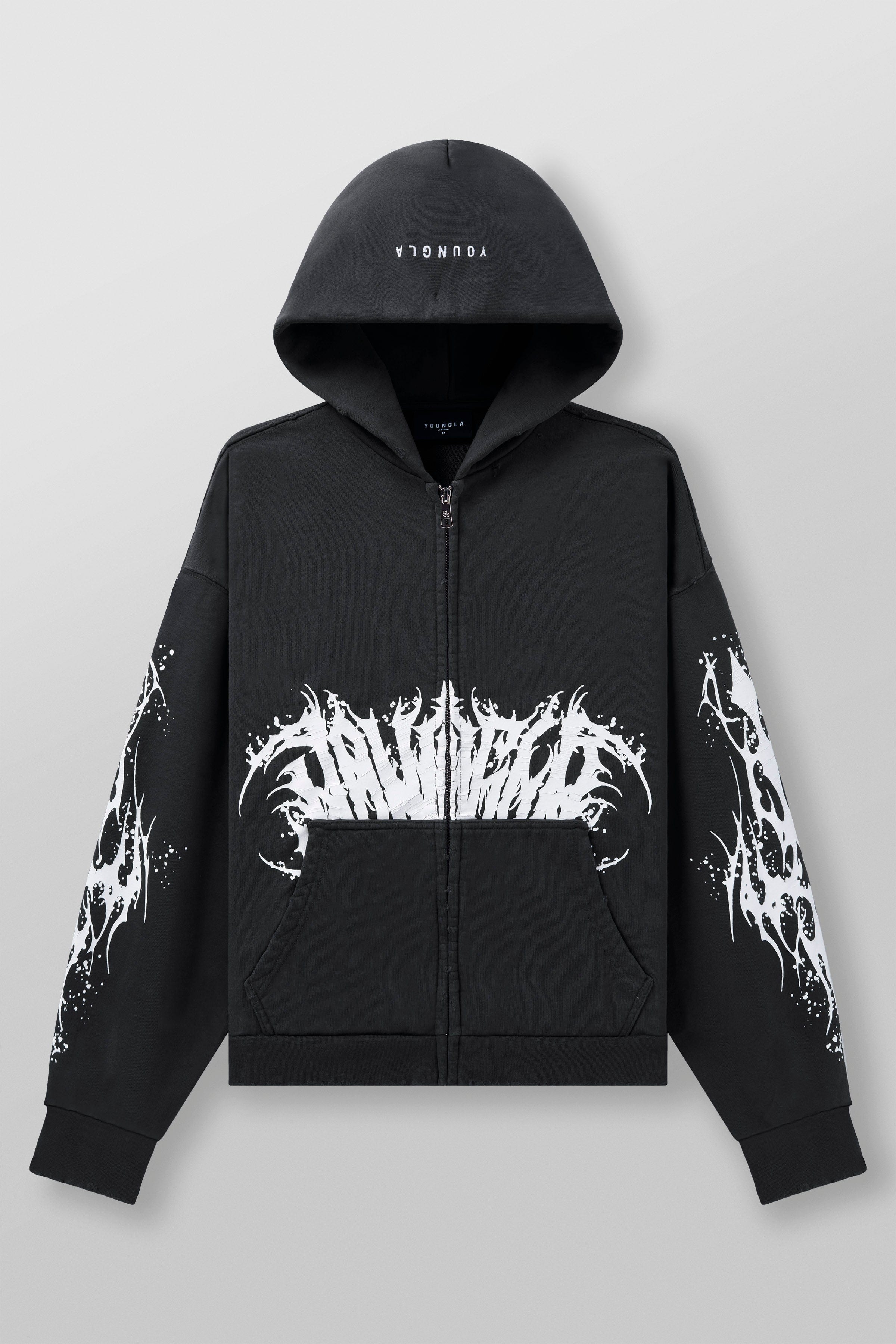 Front view of the Venom zip-up hoodie with bold graphics and premium cotton fabric