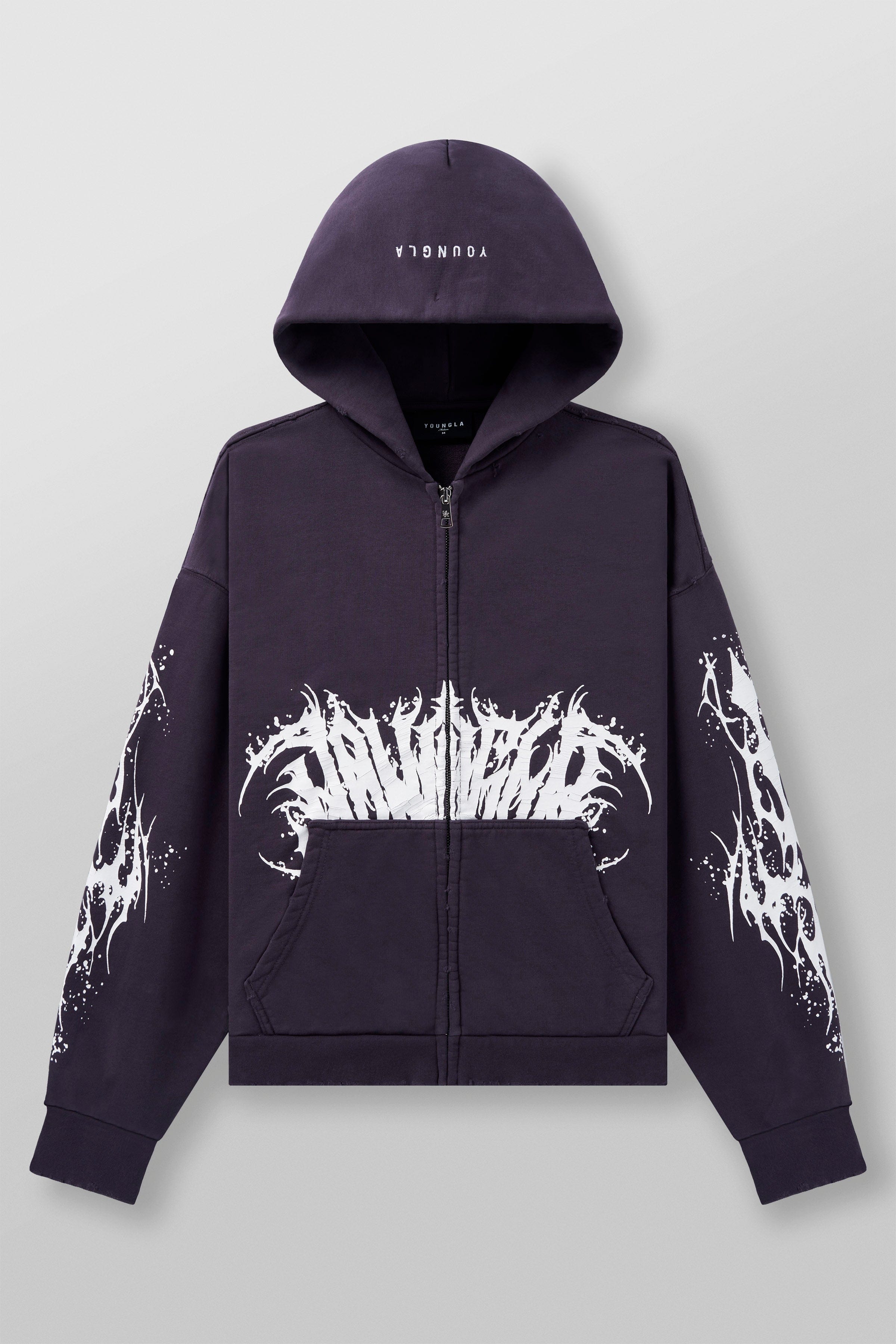 Front view of the Venom zip-up hoodie with bold graphics and premium cotton fabric