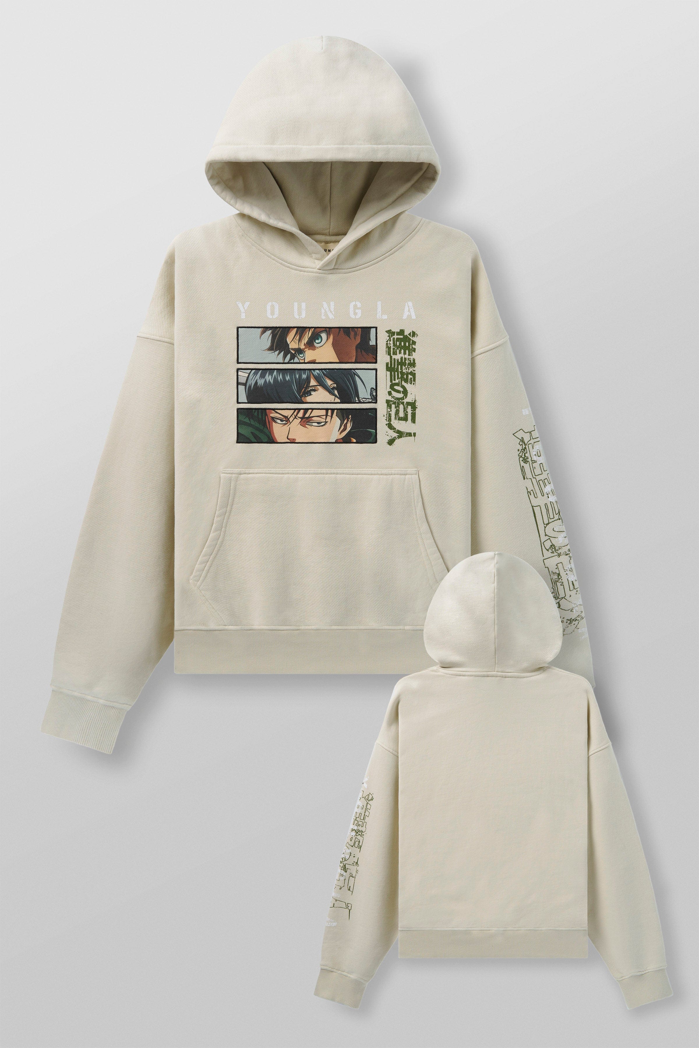 Close-up of Attack on Titan anime hoodie artwork on premium cotton fabric.