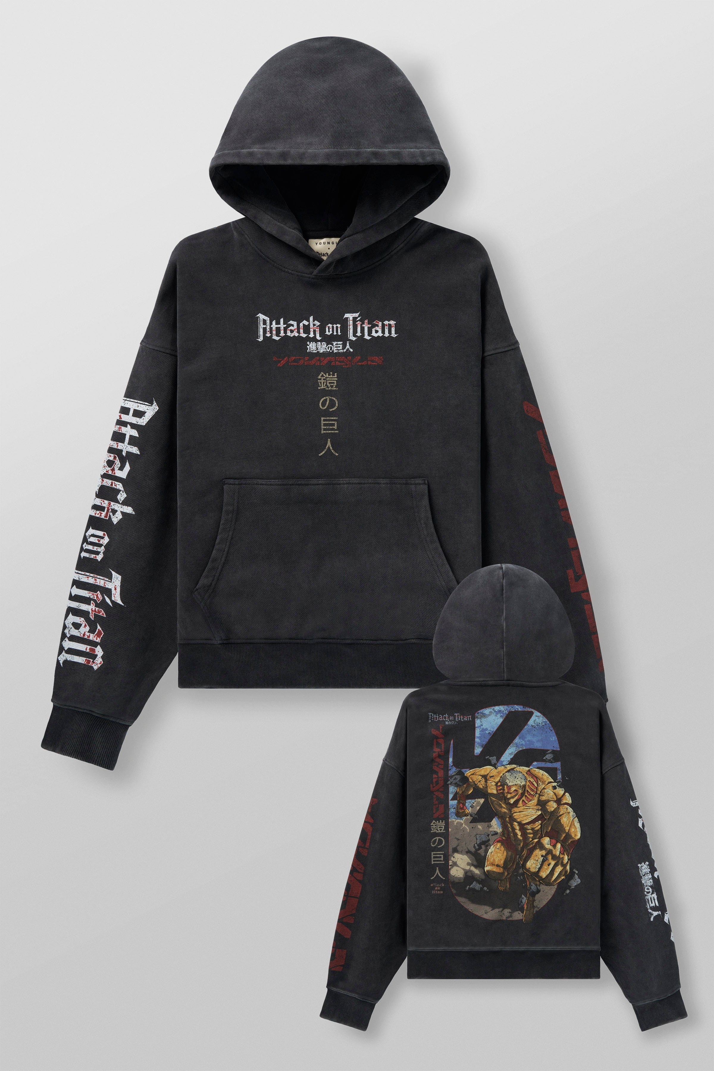 Detailed stitching and print quality of the Attack on Titan merchandise hoodie.