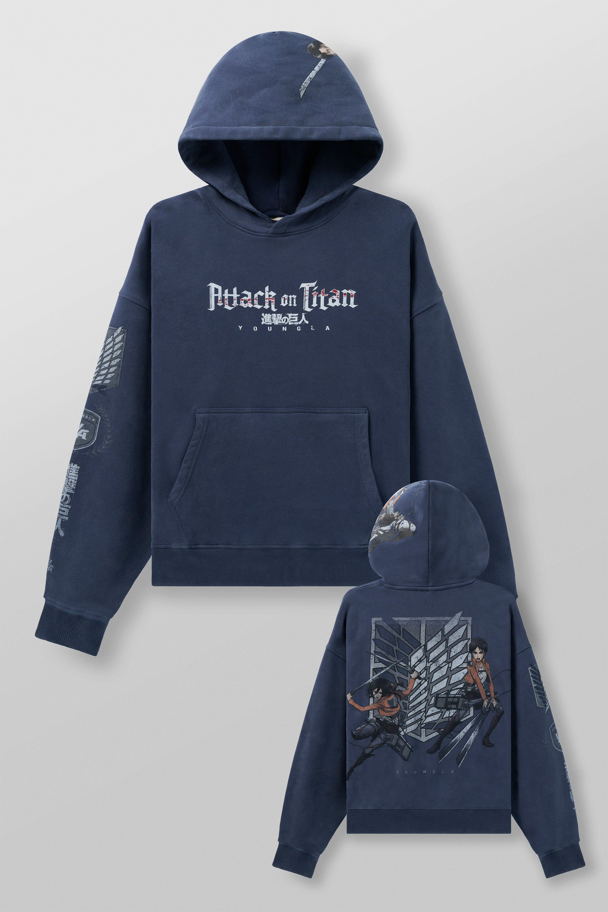 Detailed stitching and print quality of the Attack on Titan merchandise hoodie.