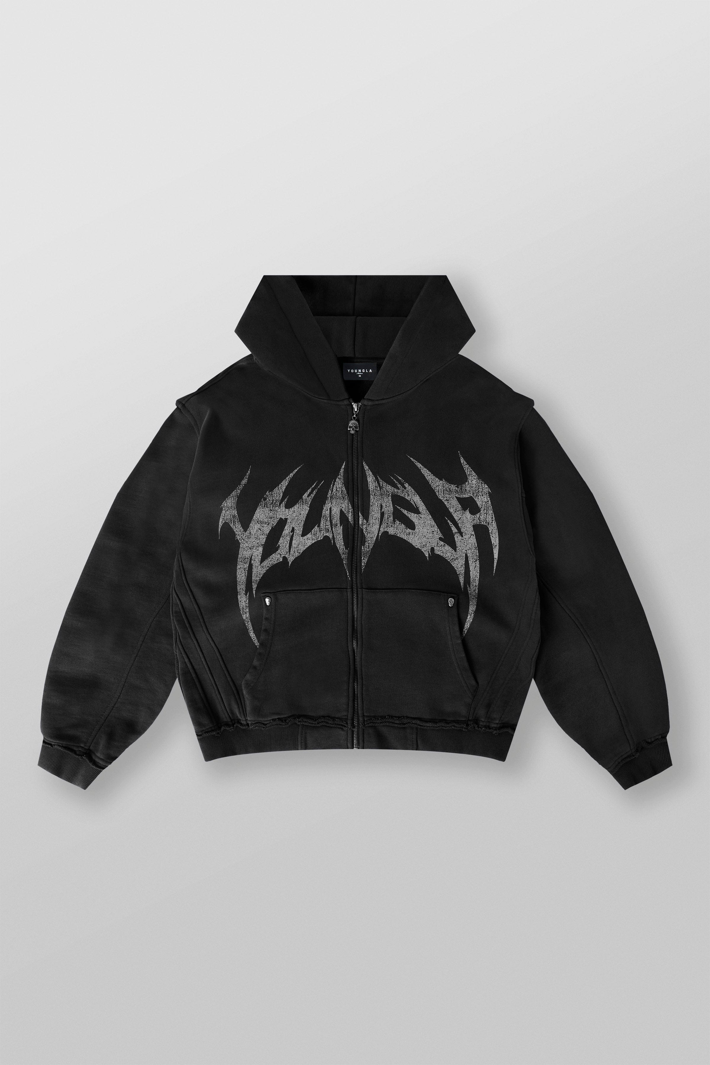 Close-up of the distressed logo on the zip-up hoodie.