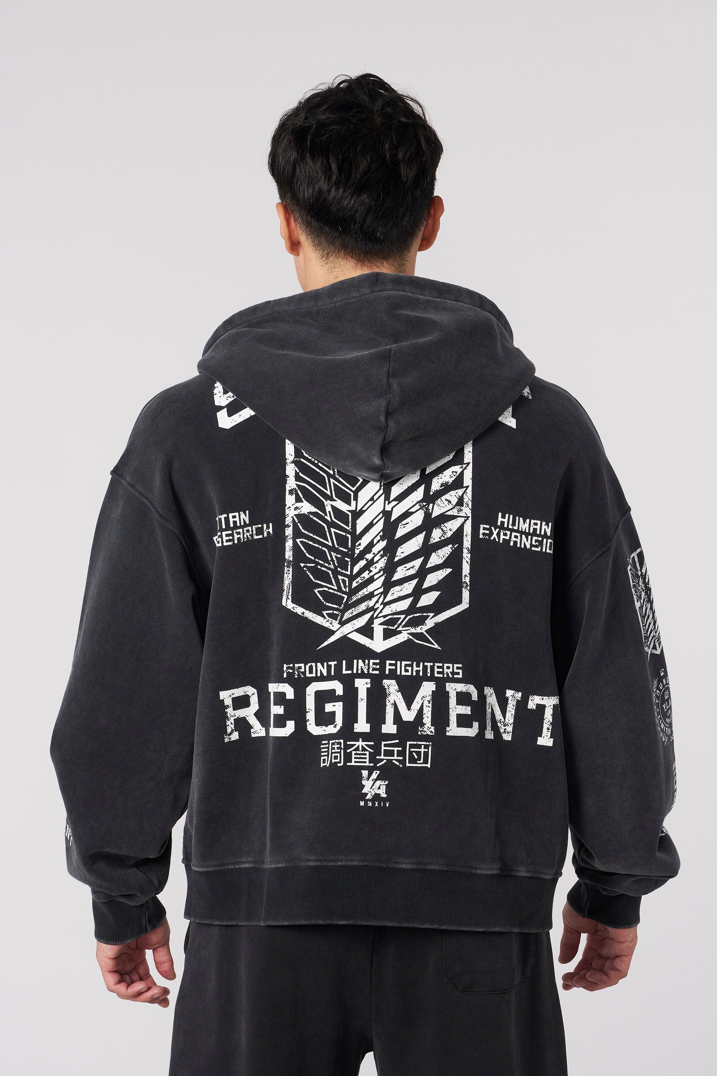 Front view of grey zip-up hoodie with Scout Regiment insignia