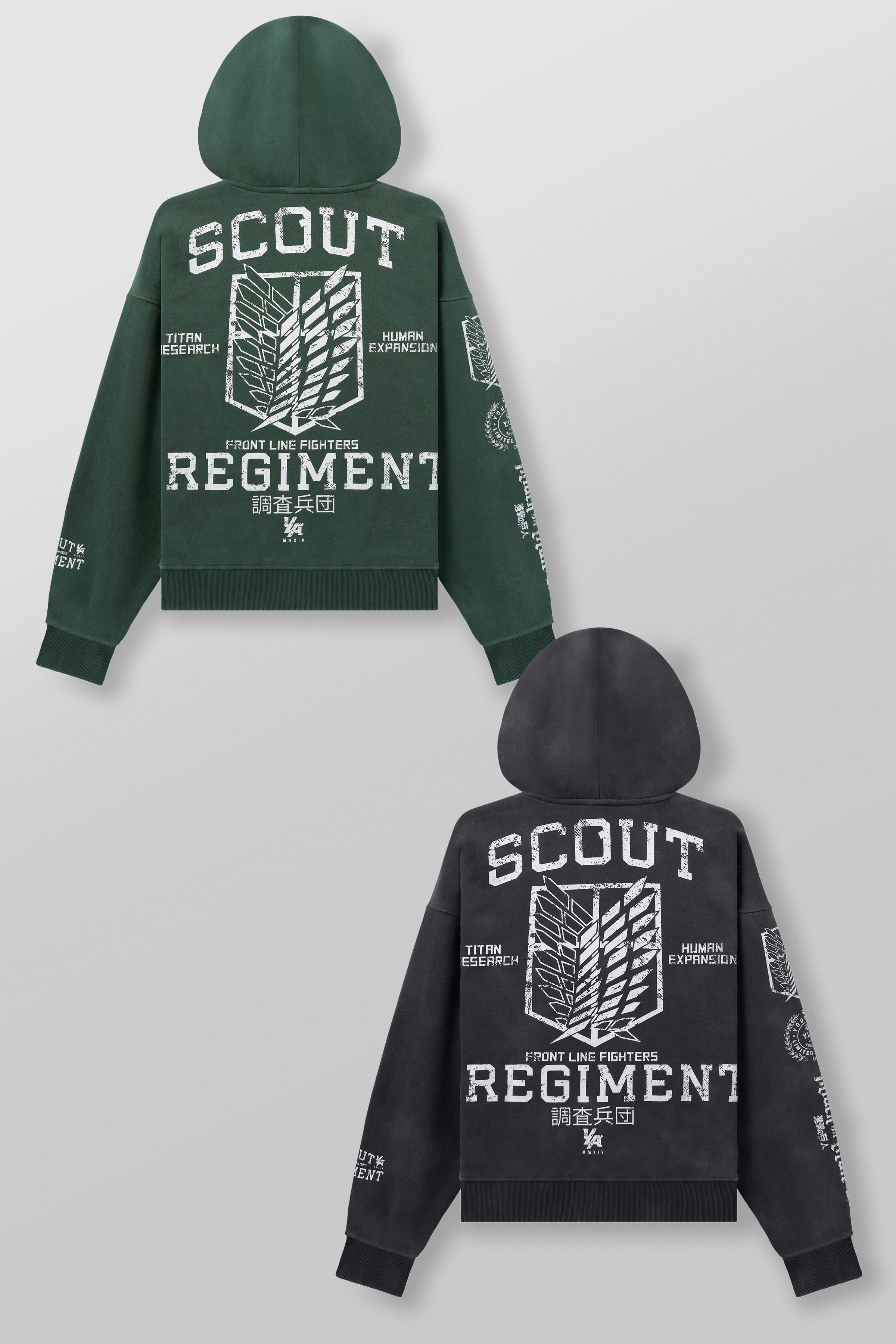 Close-up of attack on titan hoodie with graphics on back and sleeves