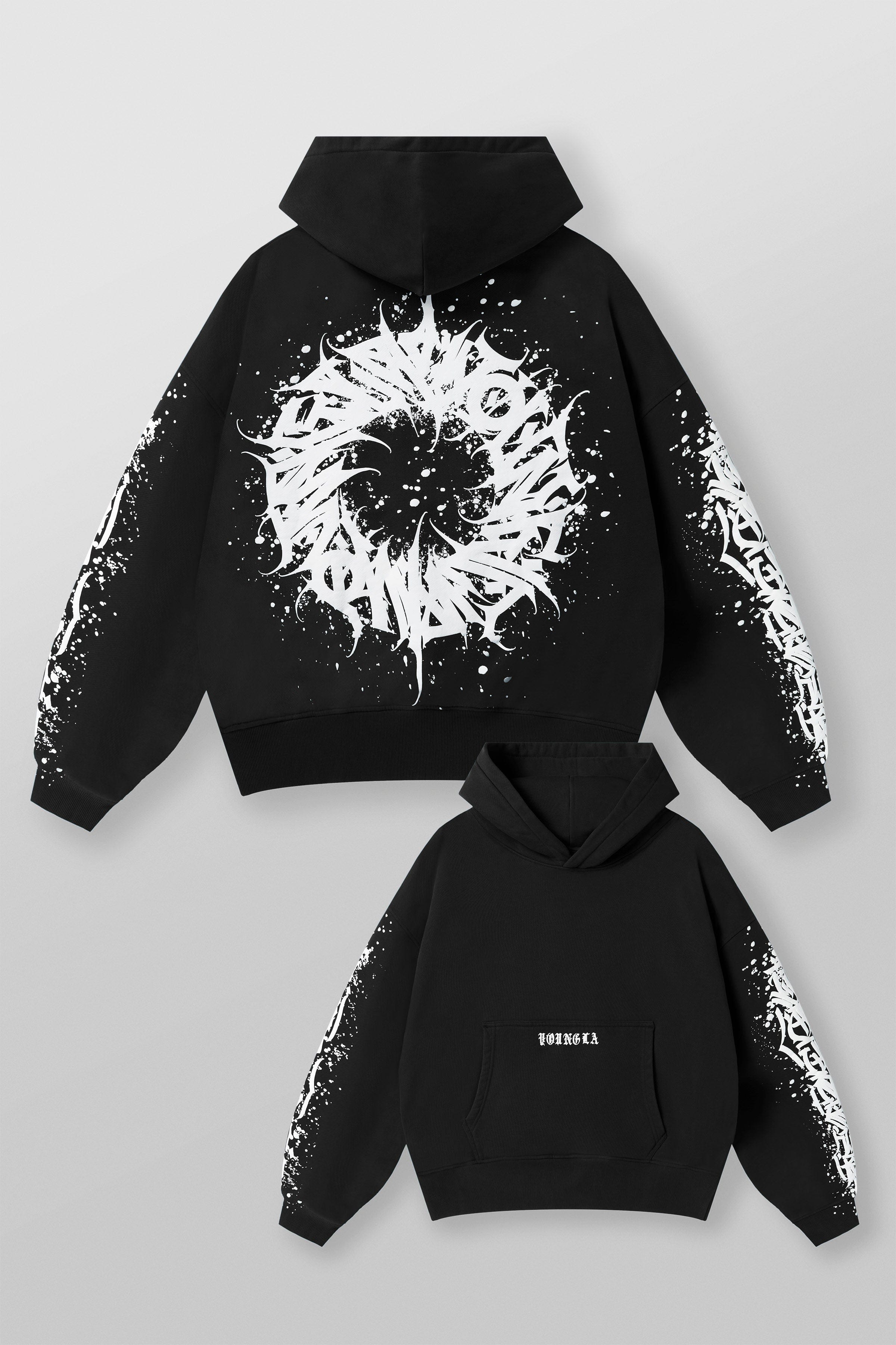 Front view of the Cyclone graphic zip-up hoodie showcasing its unique design.