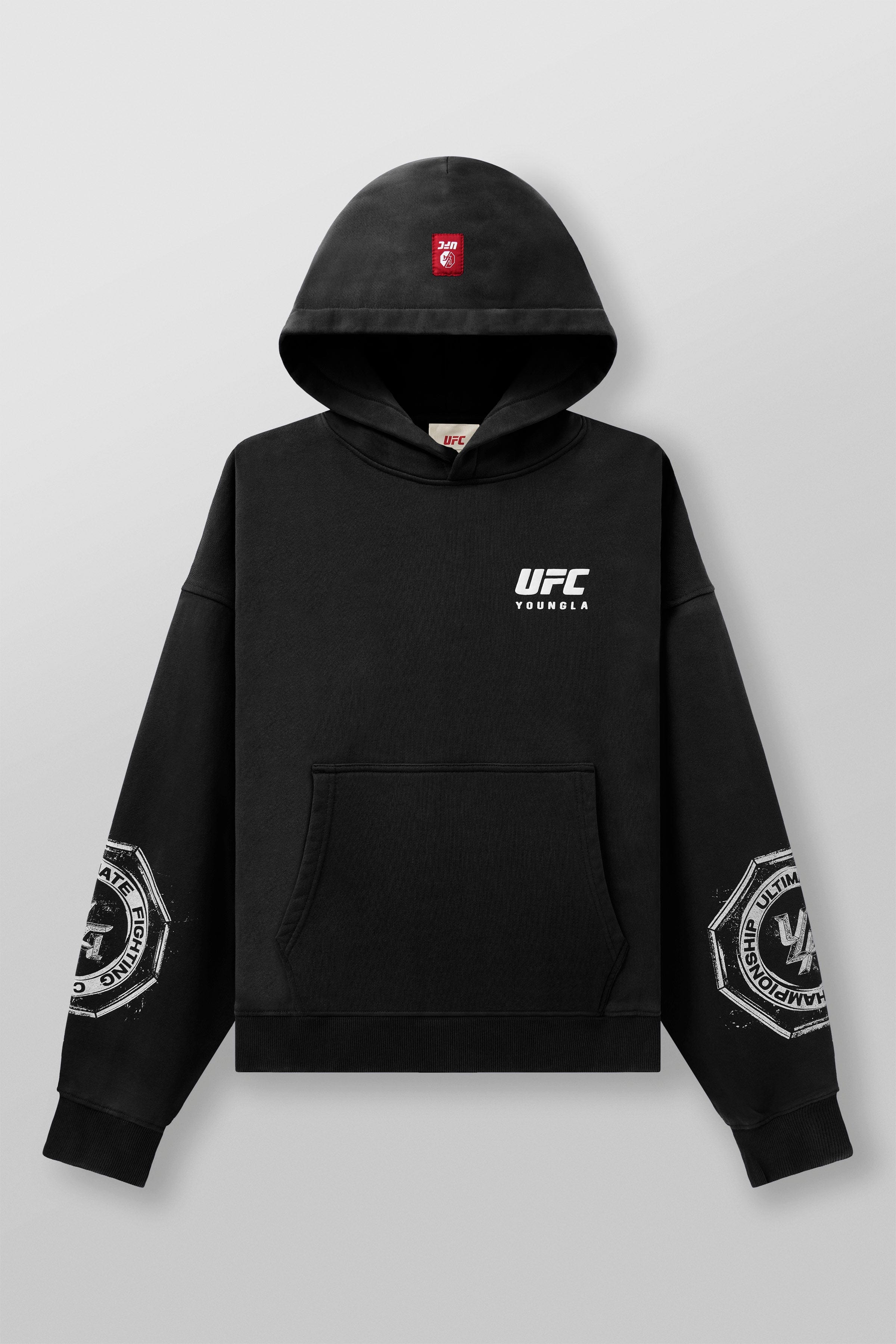 Close-up of soft fabric and relaxed fit of the UFC hoodie.