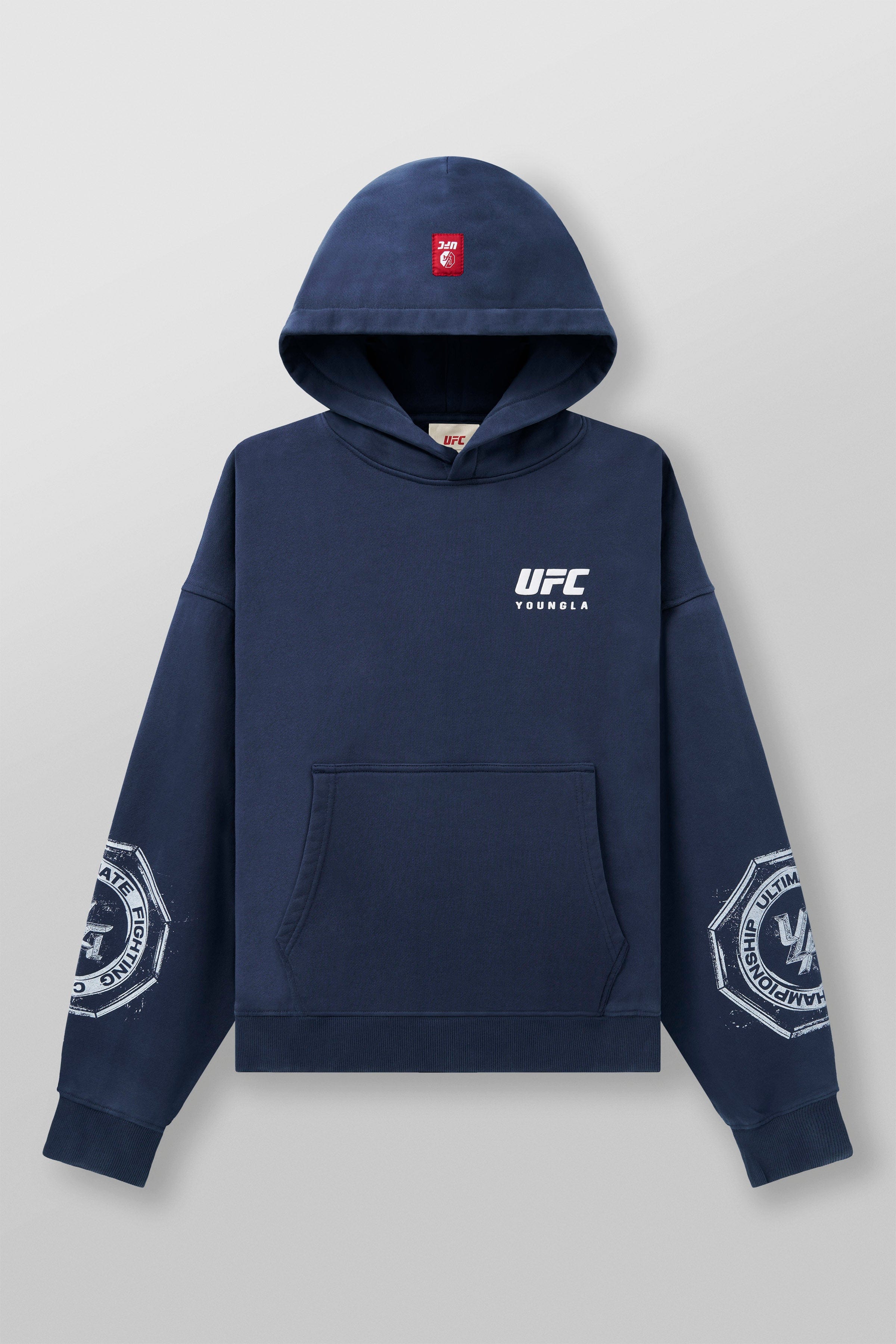 Front view of UFC oversized hoodie showcasing distressed logos.