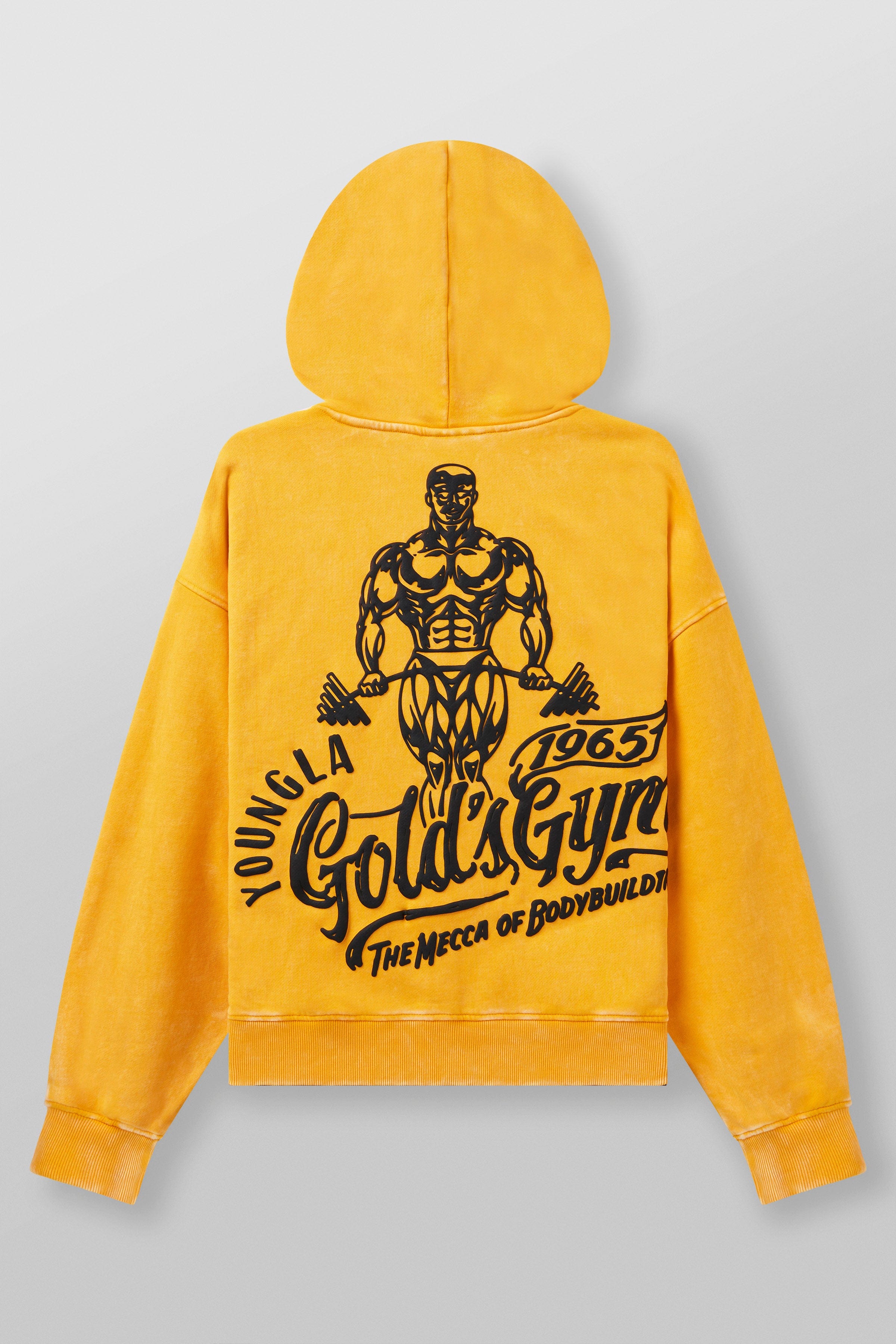 Golds Gym oversized hoodie for men, worn unzipped with gym shorts