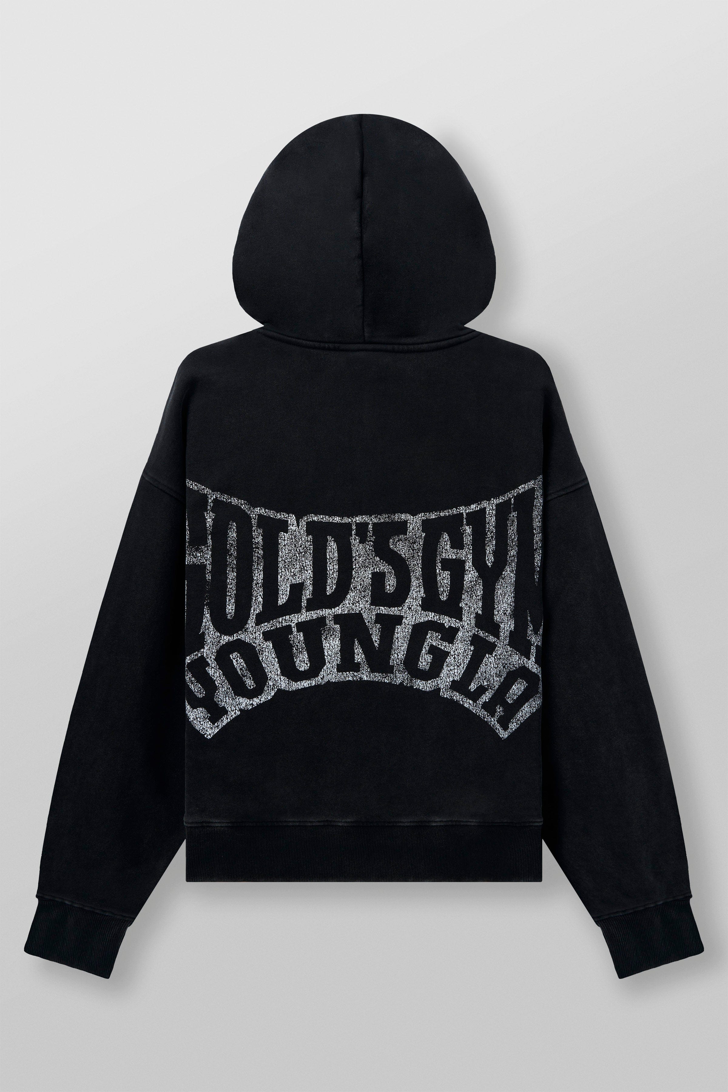 Close-up of distressed Golds Gym graphic on hoodie