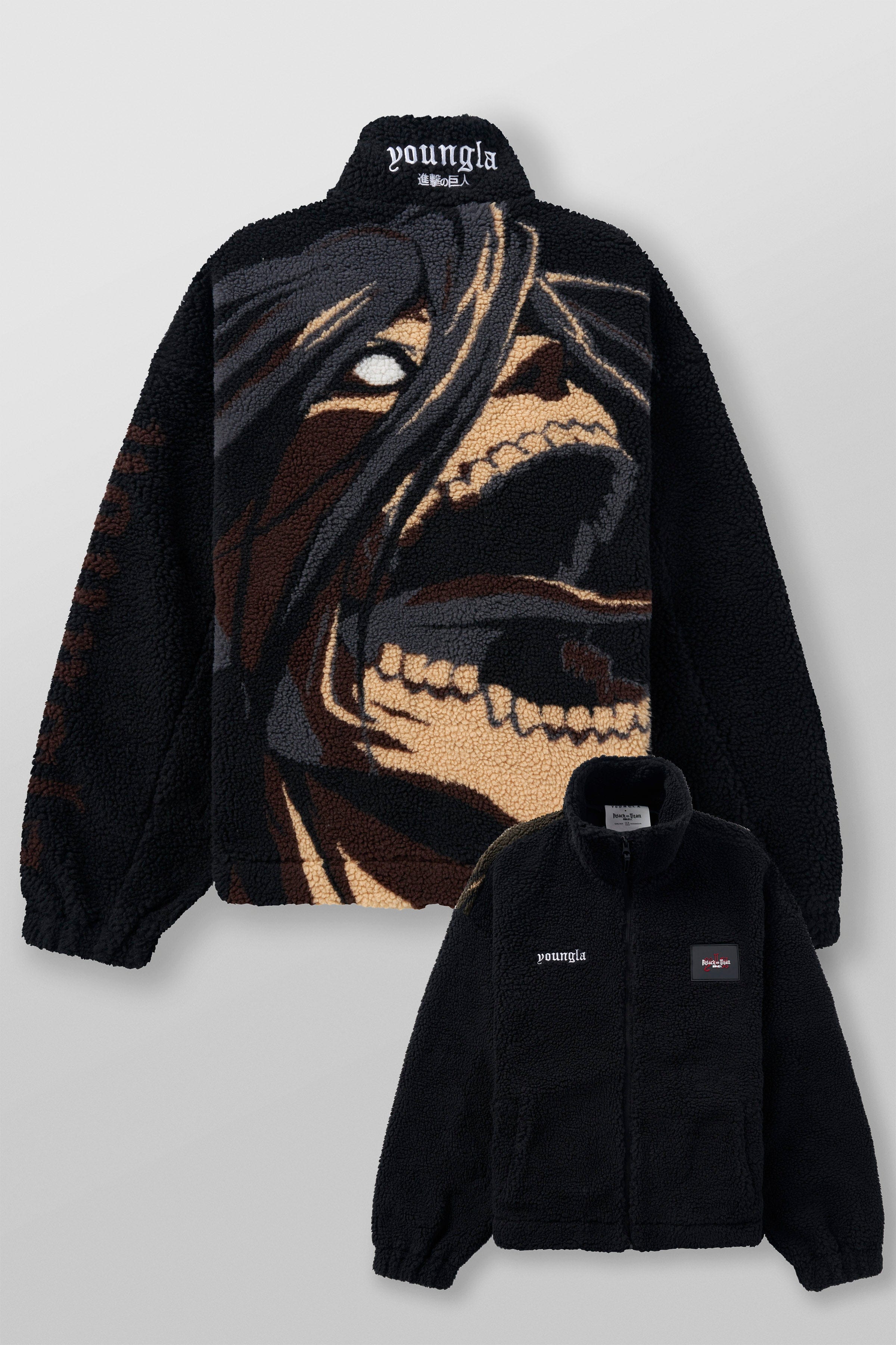 Model wearing the Attack on Titan Sherpa Jacket, showcasing the loose fit and back graphic.