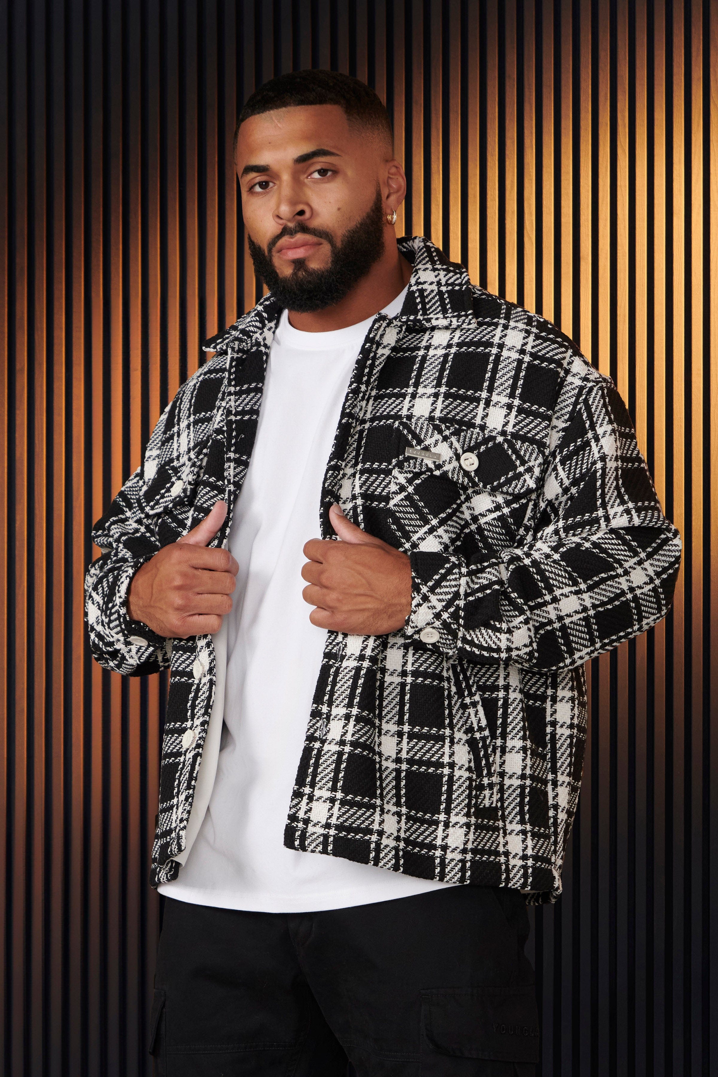 Model wearing the jacket with jeans for a casual look