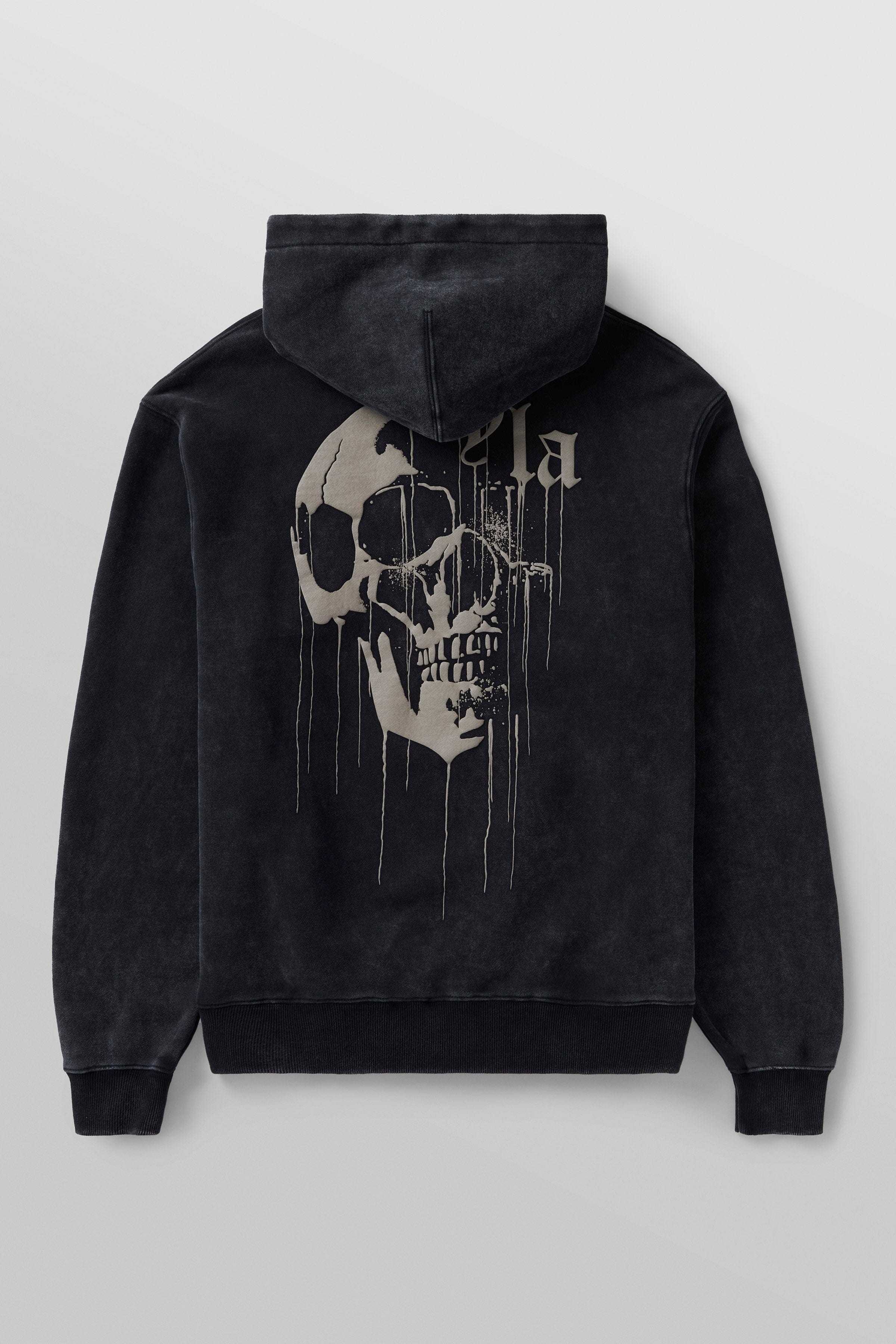 Side angle of the hoodie demonstrating its fit and washed vintage finish.