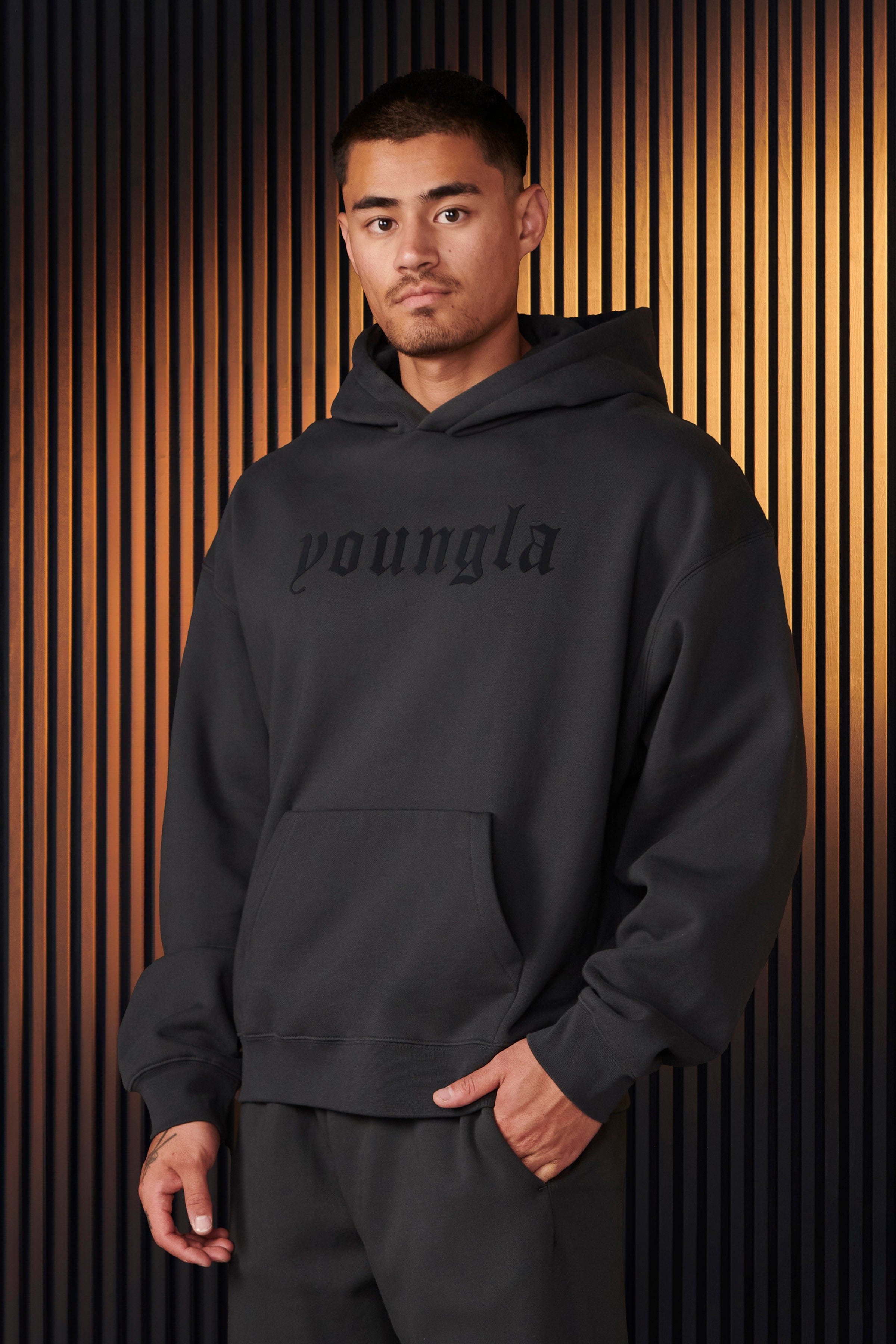 Close-up of the fabric texture of the cotton blend fleece hoodie.