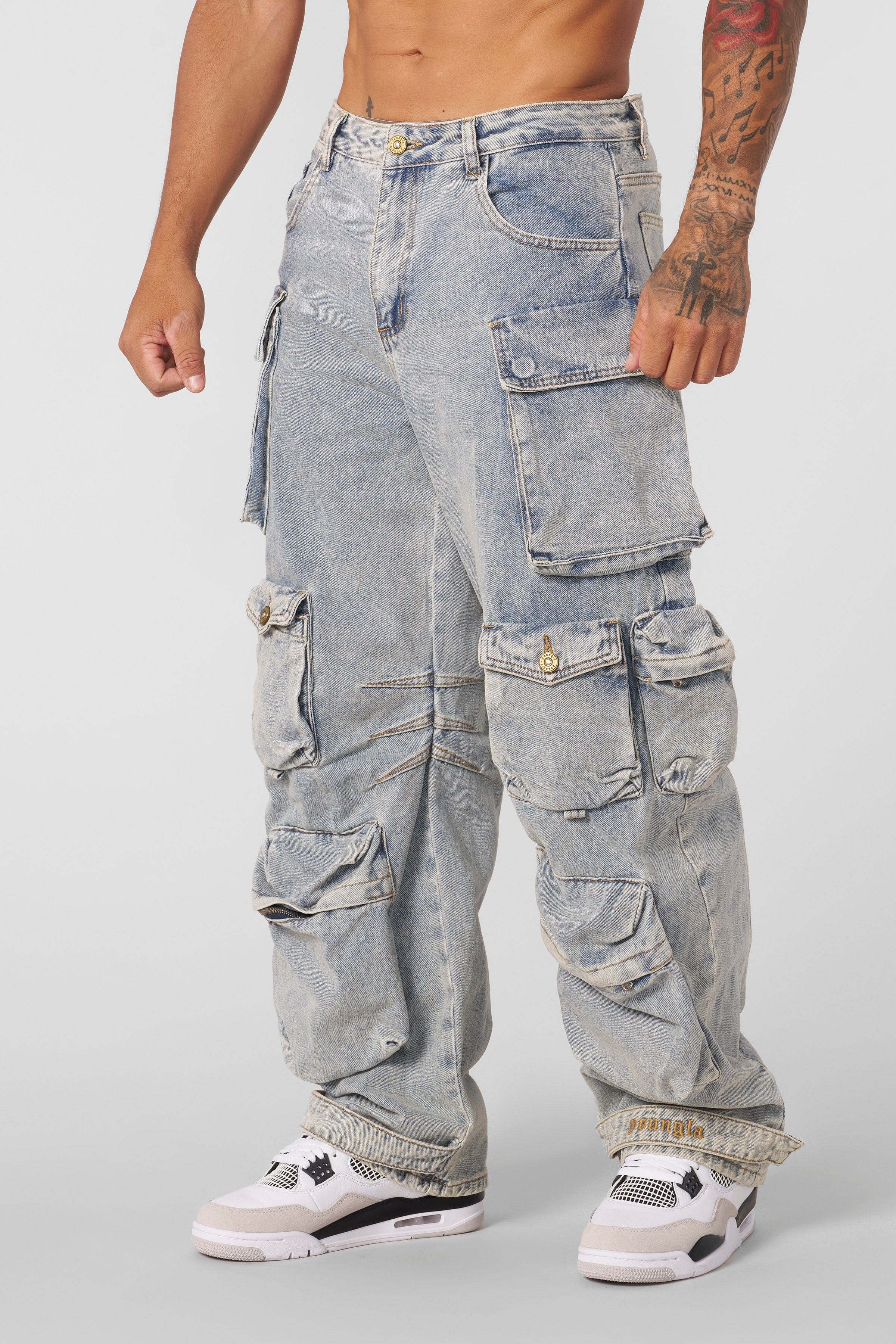 Close-up of Hella Pocket Jeans' utility pockets and vintage wash