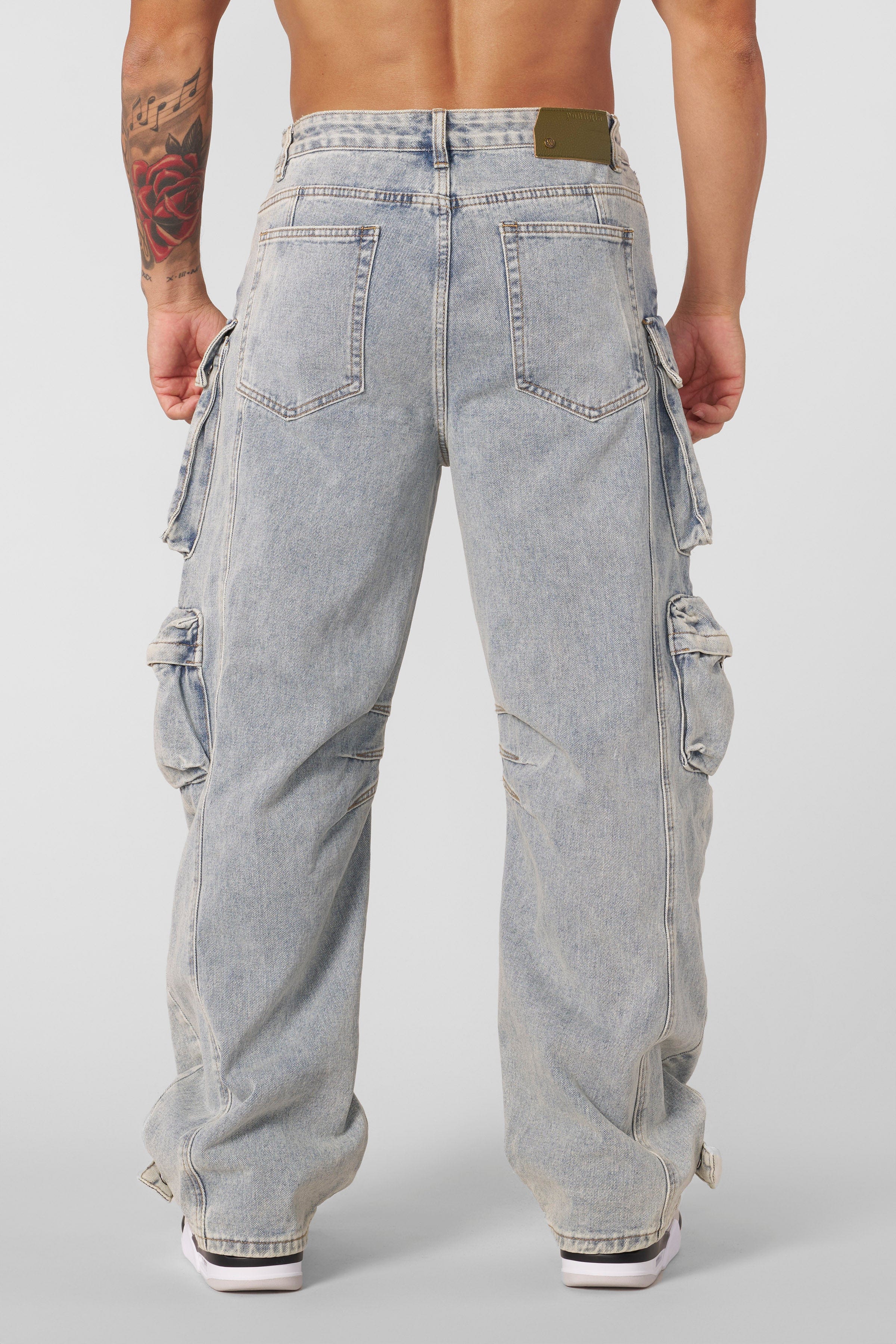 Close-up of Hella Pocket Jeans utility pockets and vintage wash