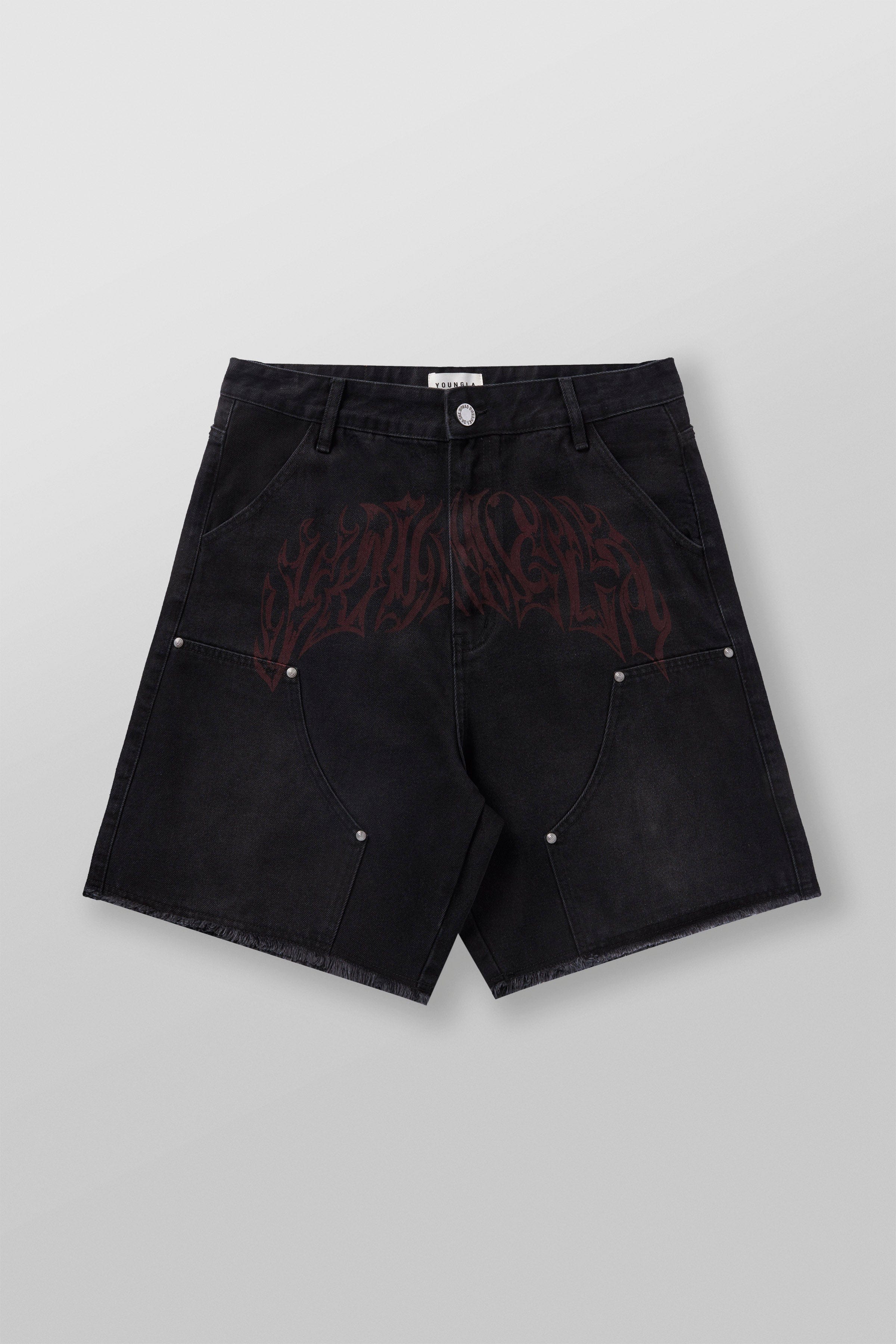 Front view of Urban Vibe Baggy Jorts with tribal logo print.