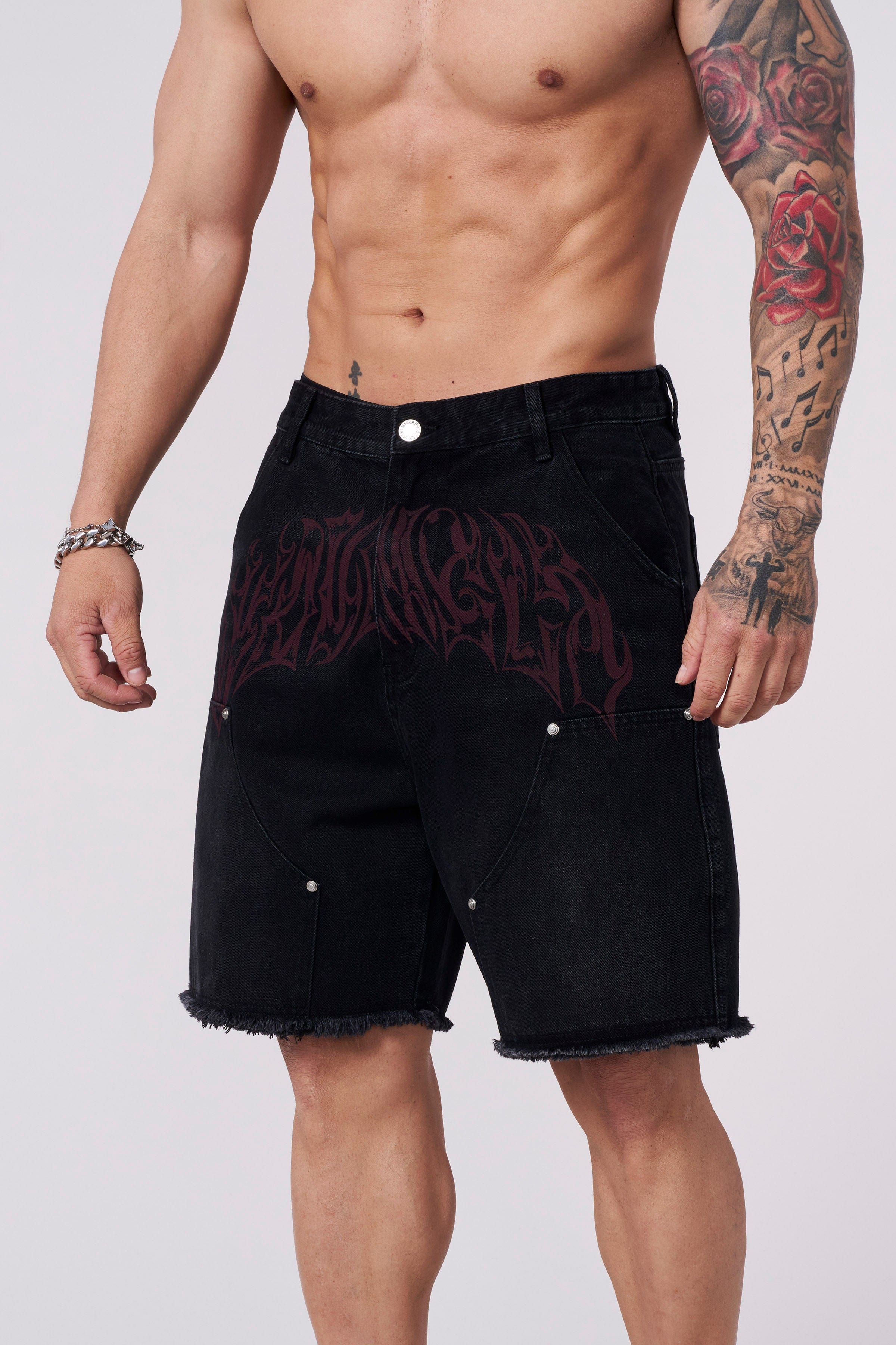 Model wearing Urban Vibe Baggy Jorts in a street setting.