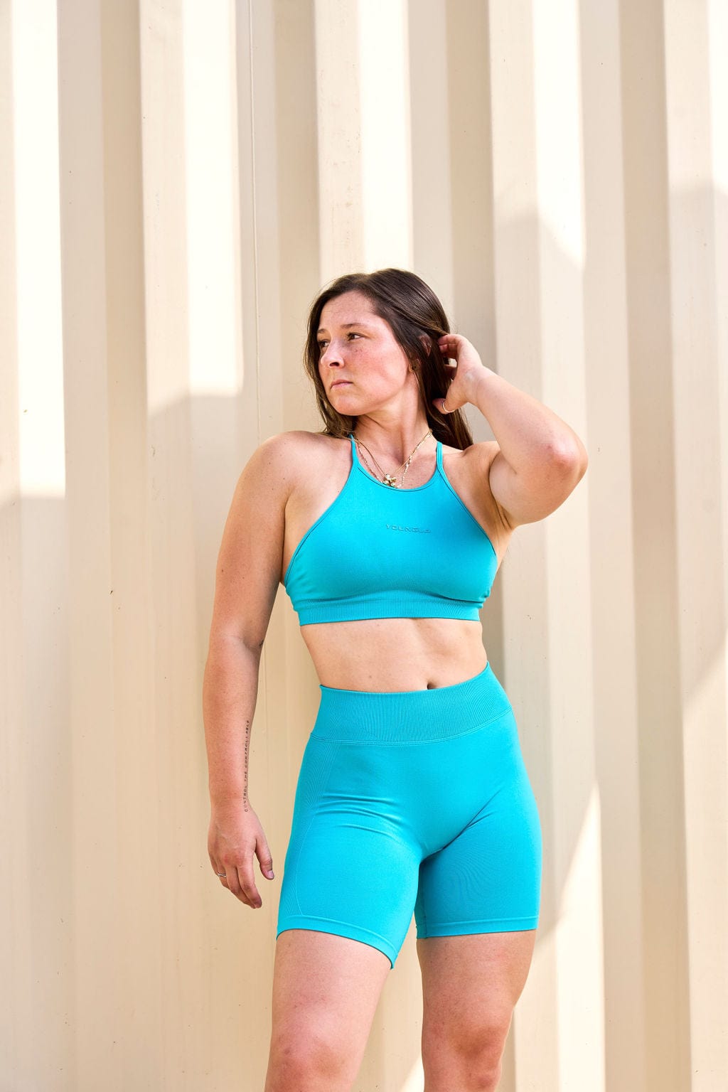 Close-up of hourglass biker shorts highlighting seamless design