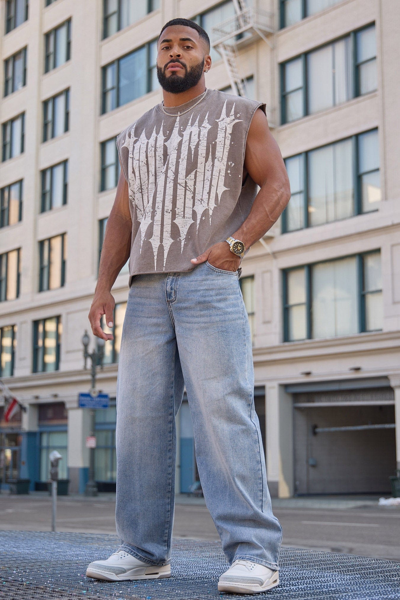 Back shot highlighting streetwear jeans fit and low rise design