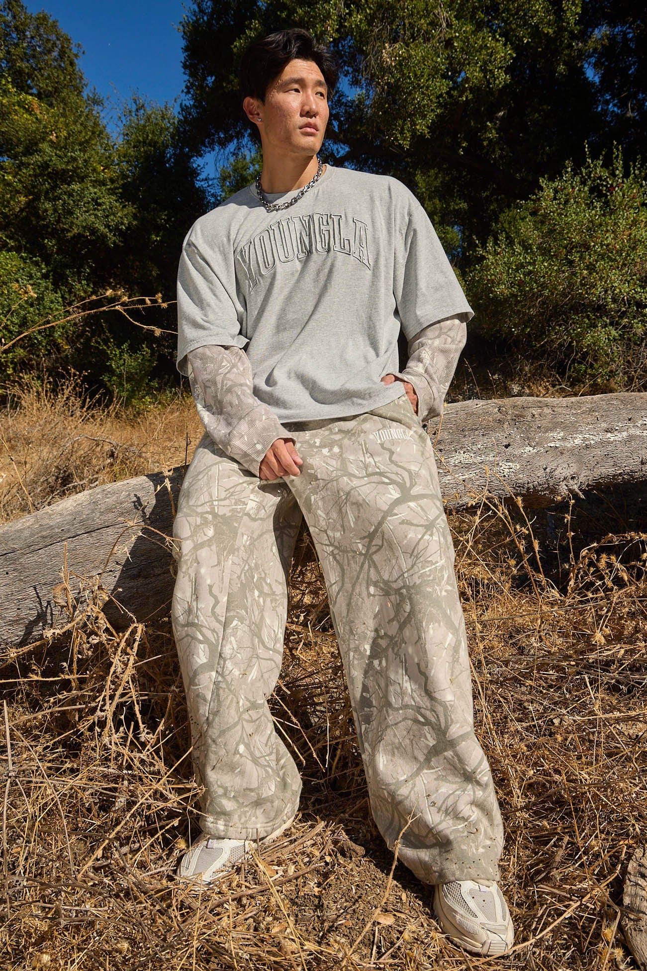 Close-up of the tree camo pattern on the sweatpants fabric.
