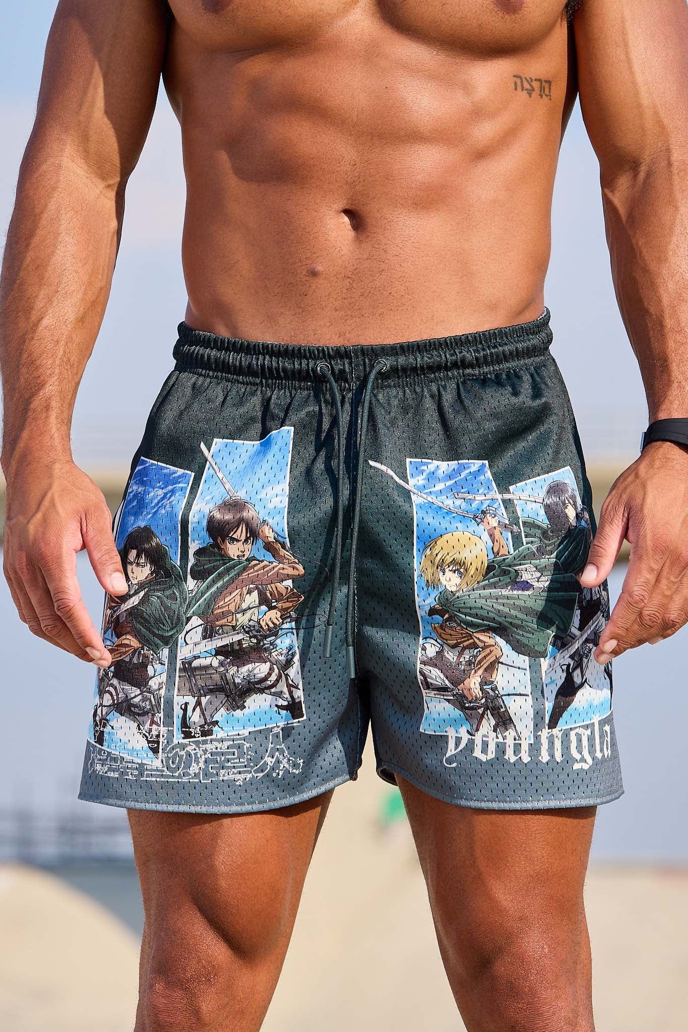 Front view of Attack on Titan mesh shorts showcasing the Titan graphic.