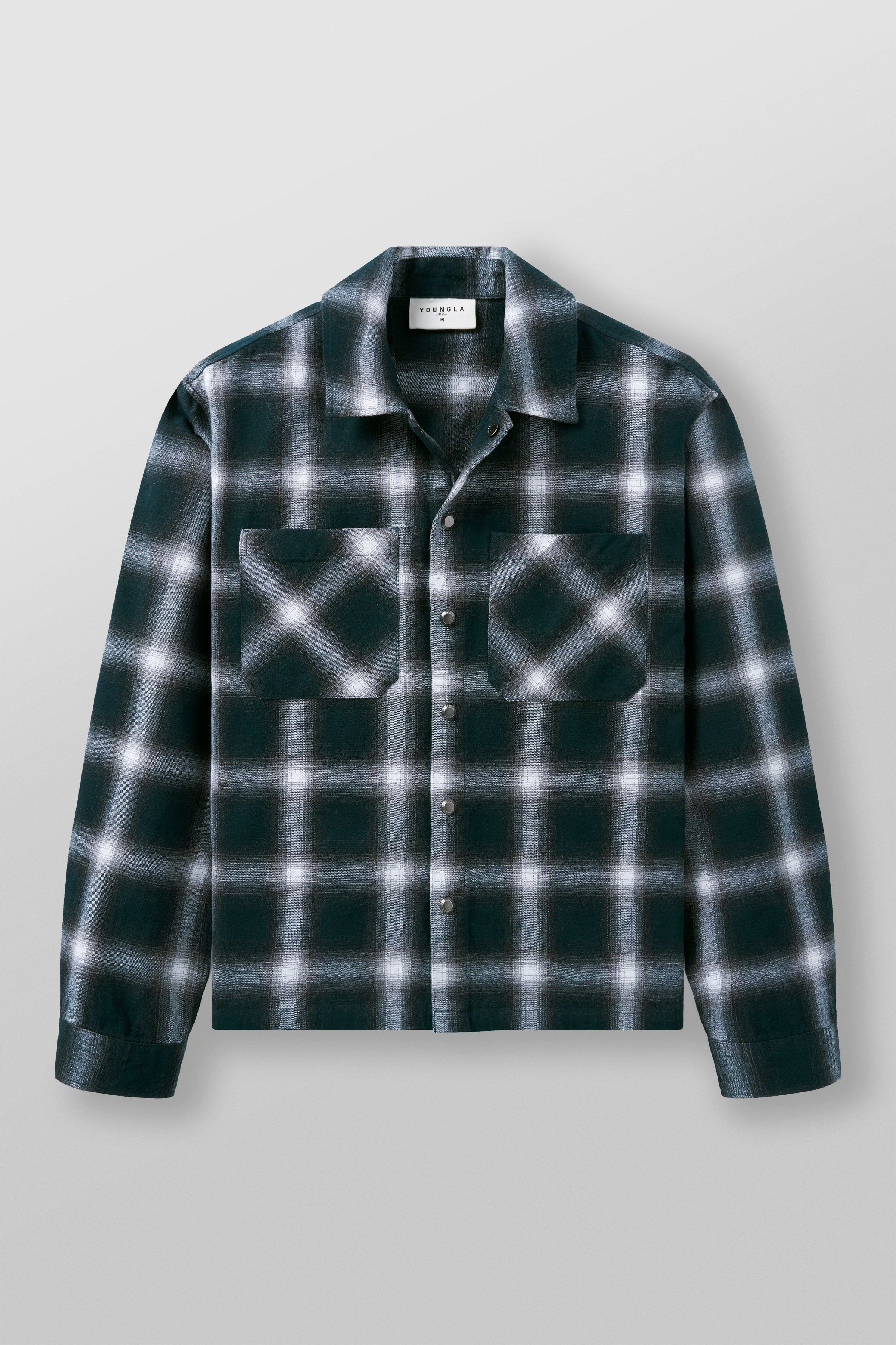 A close-up of the mens flannel shirt jacket highlighting snap-button details.