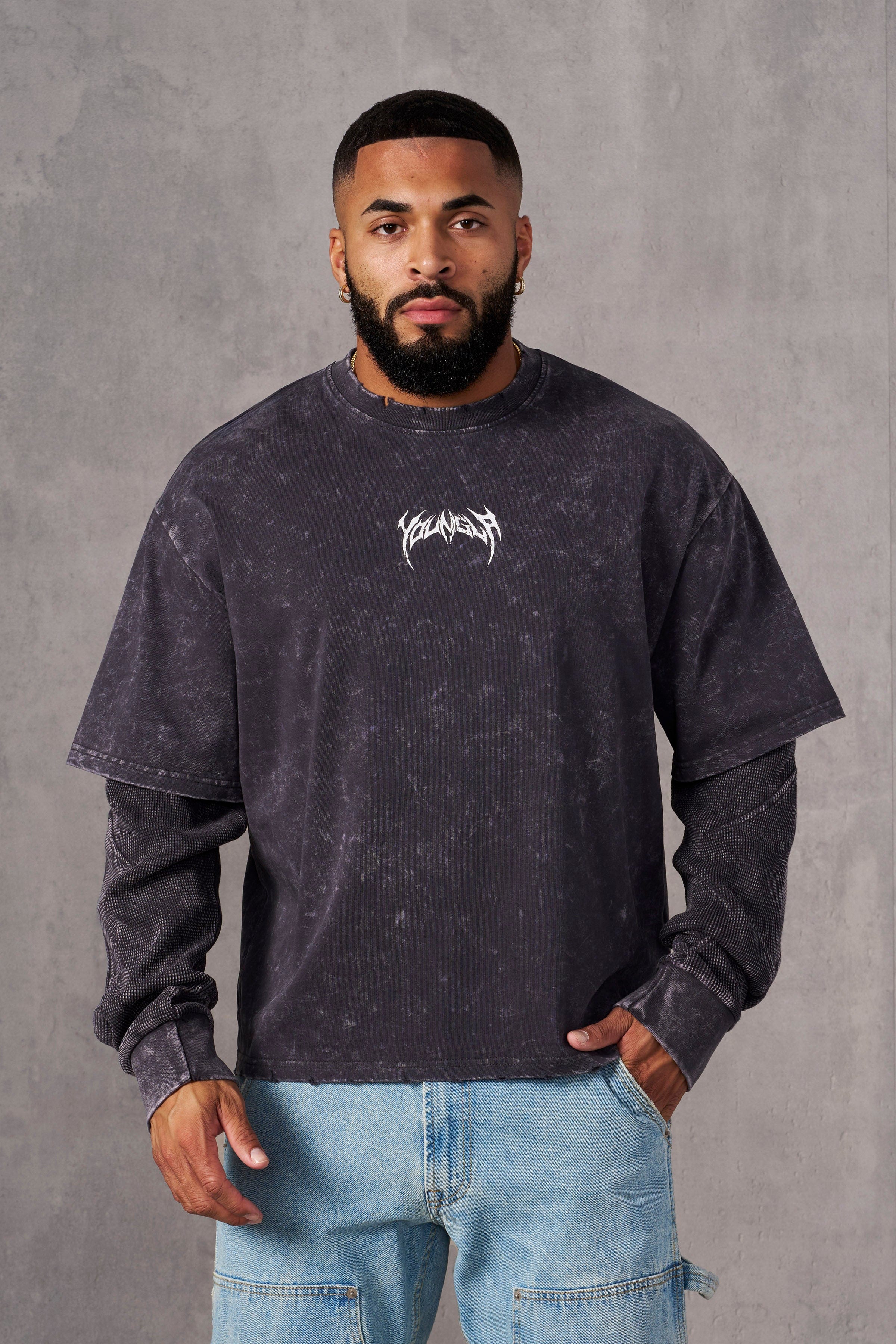 Model wearing Shadow Twofer Long Sleeve T-Shirt in a casual setting.