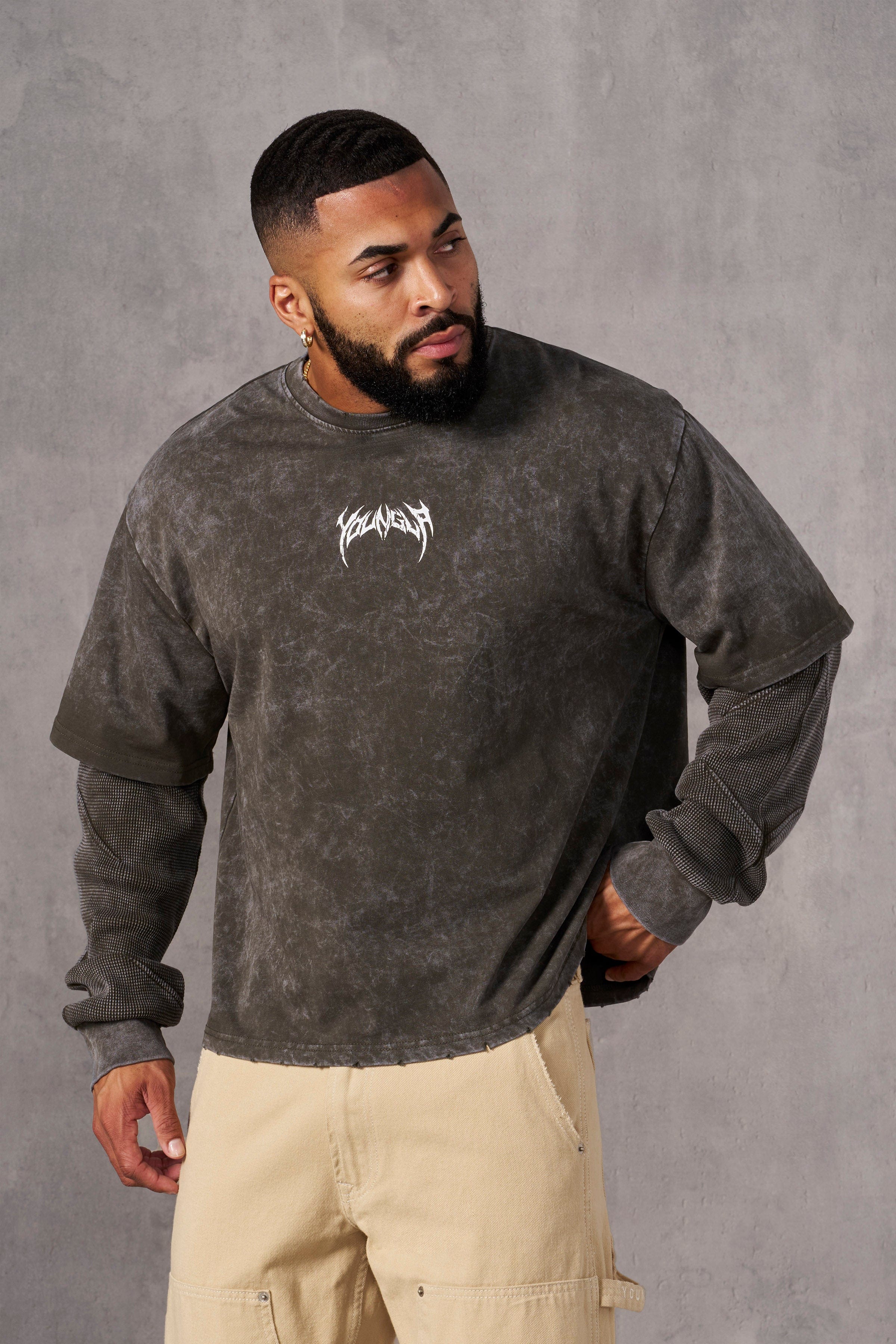 Side view of Shadow Twofer Long Sleeve T-Shirt highlighting thermal under-sleeves.