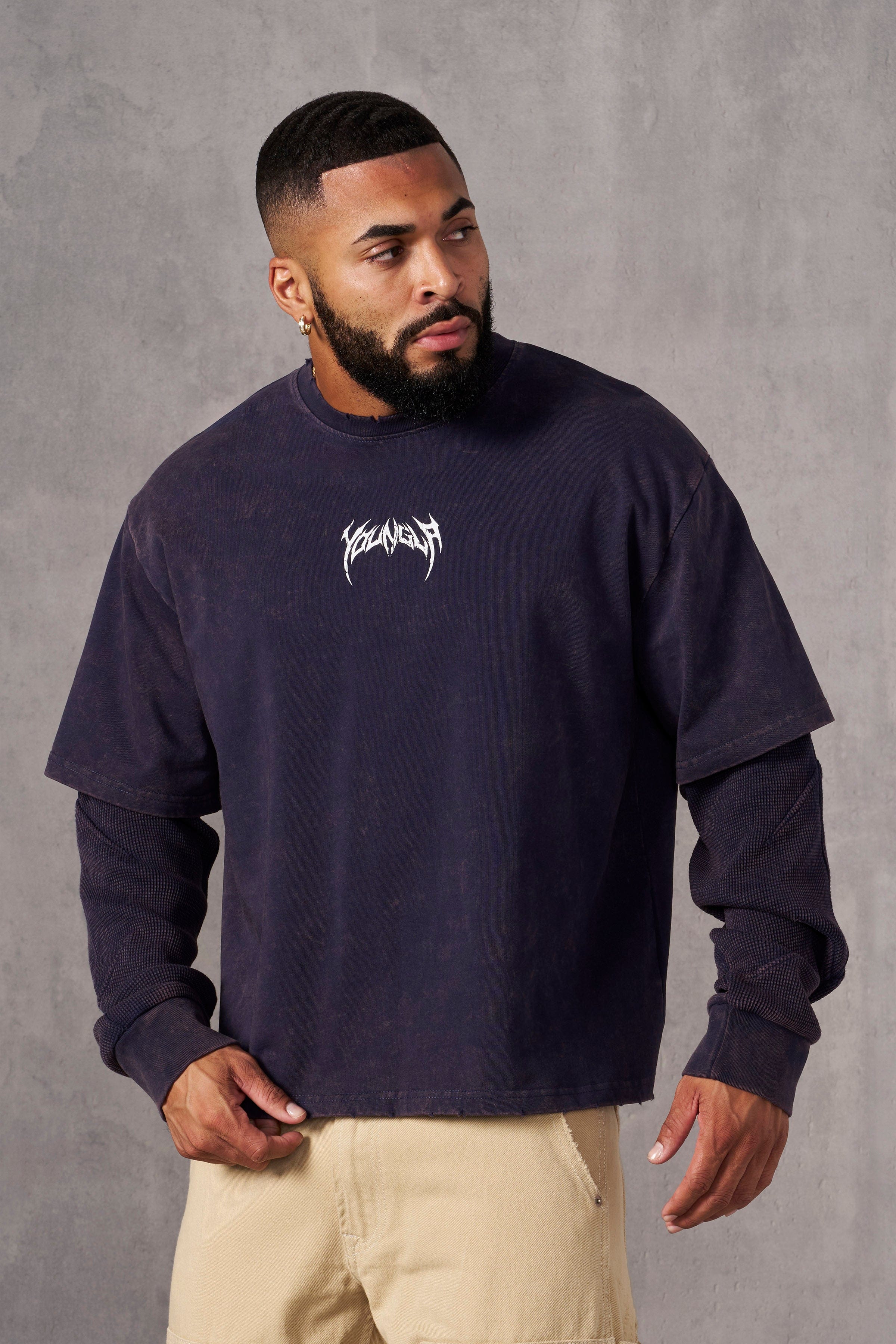 Front view of Shadow Twofer Long Sleeve T-Shirt in vintage style.