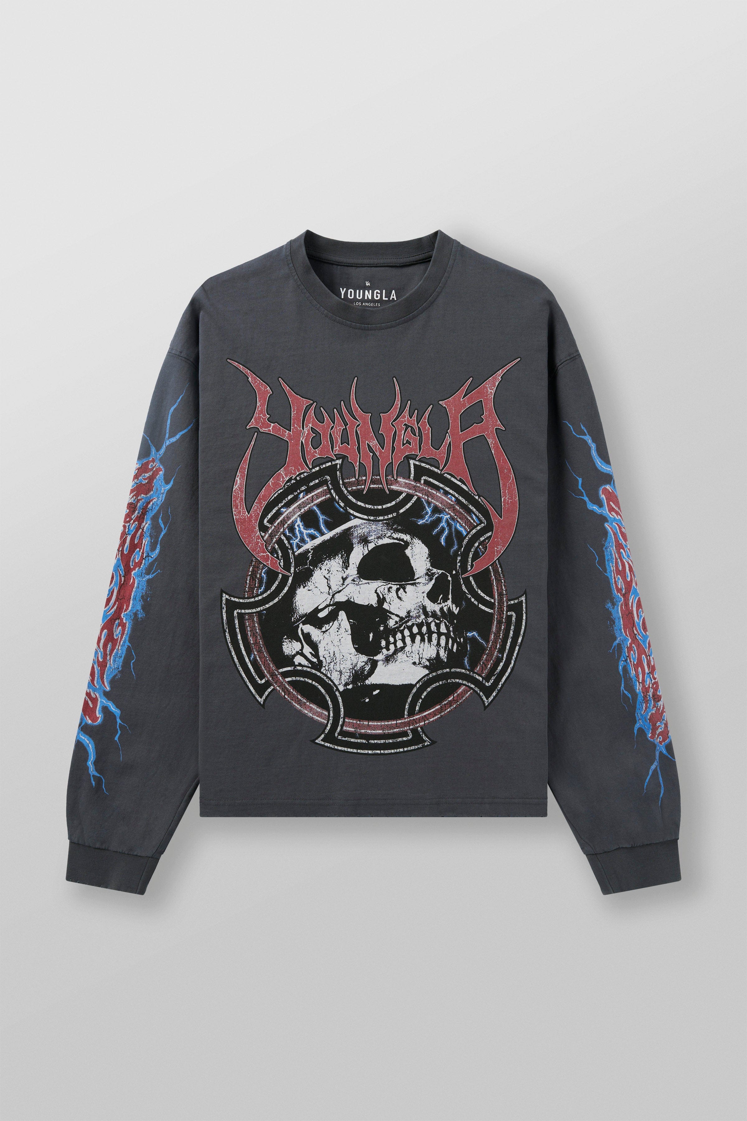 Front view showing full distressed graphic on white long sleeve shirt