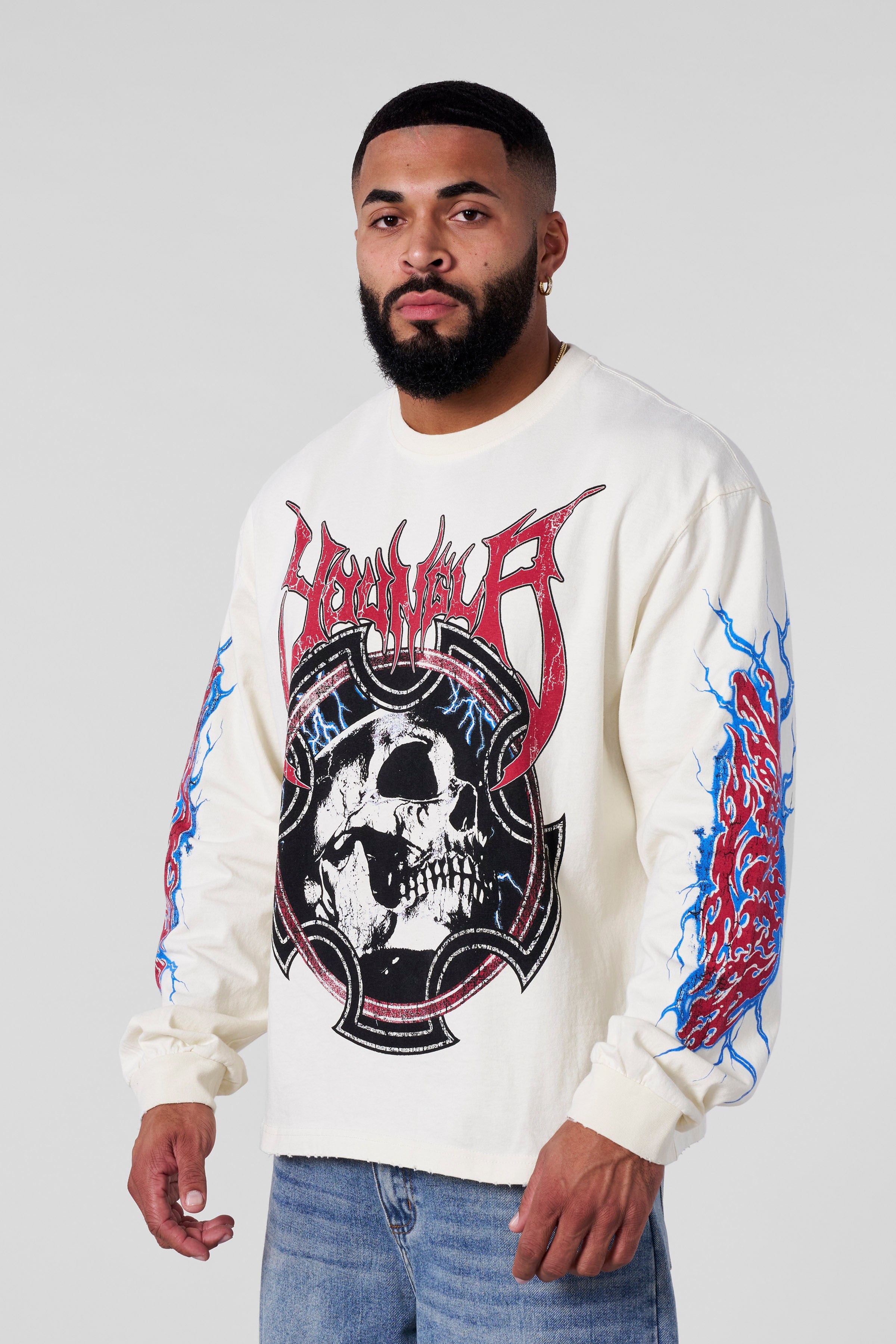 Front view showing full distressed graphic on white long sleeve shirt