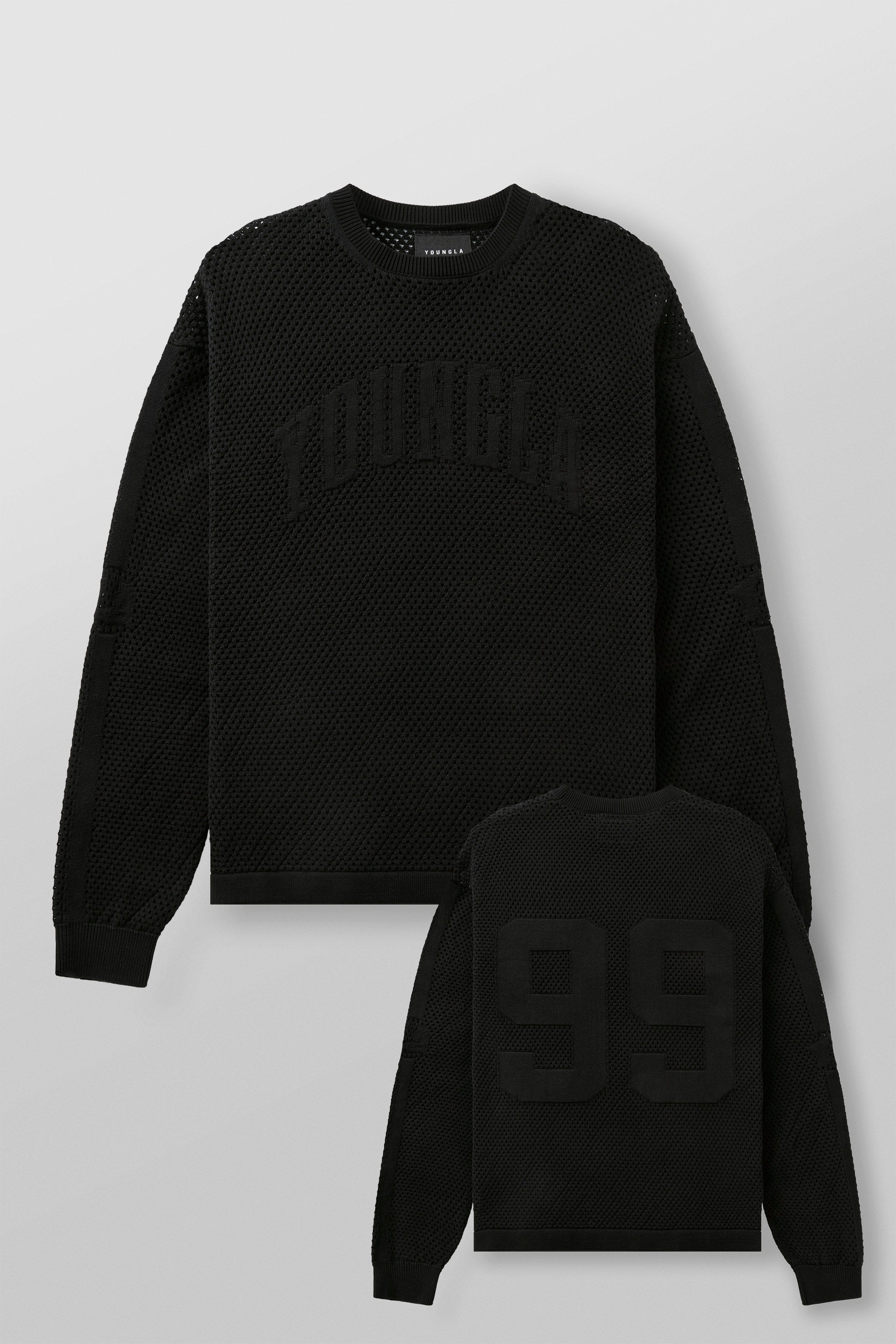 Model wearing YoungLA 99 Knit Long Sleeve T-Shirt in a relaxed setting.