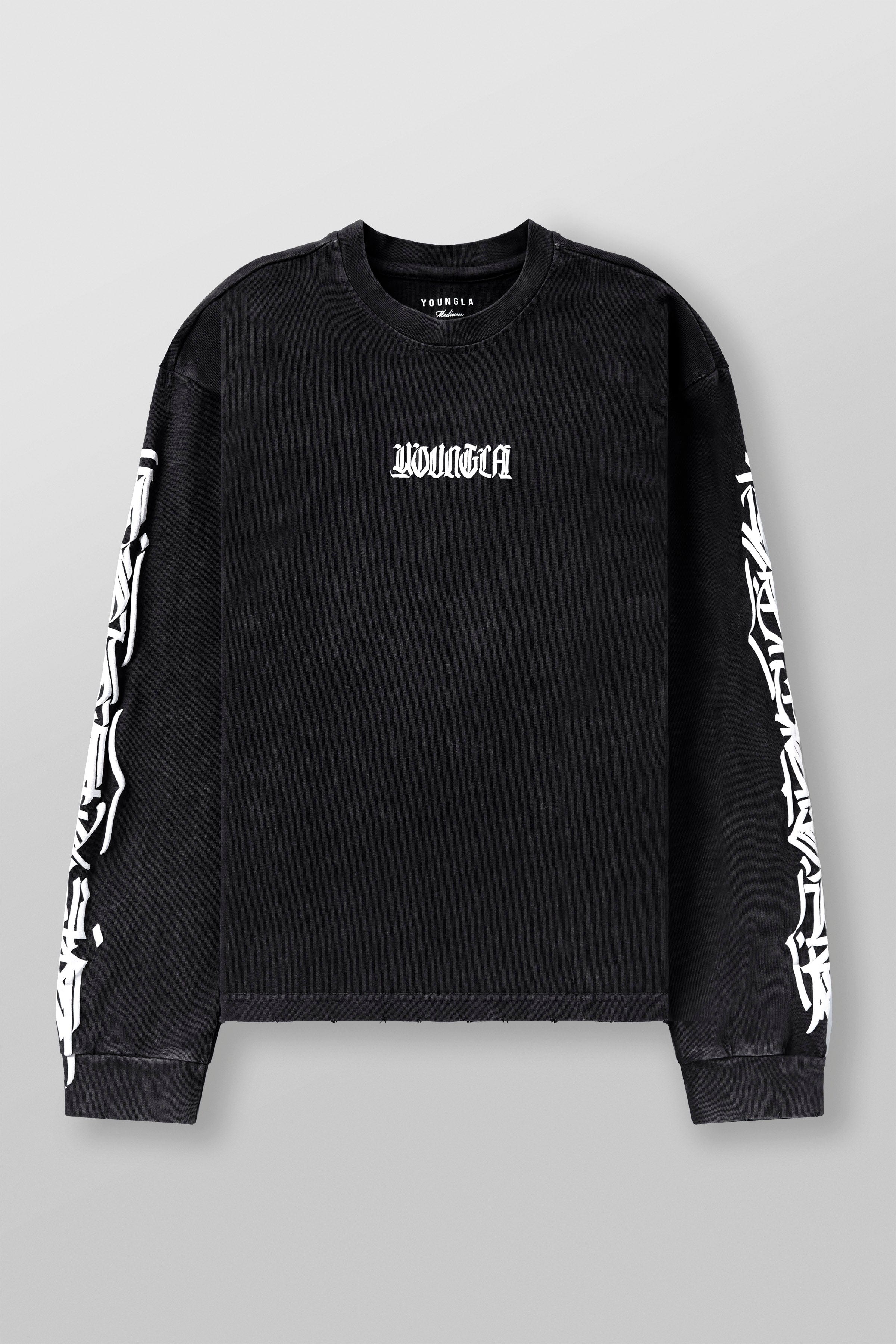 Front view of Aura Vintage Long Sleeve T-Shirt showcasing distressed cuffs.