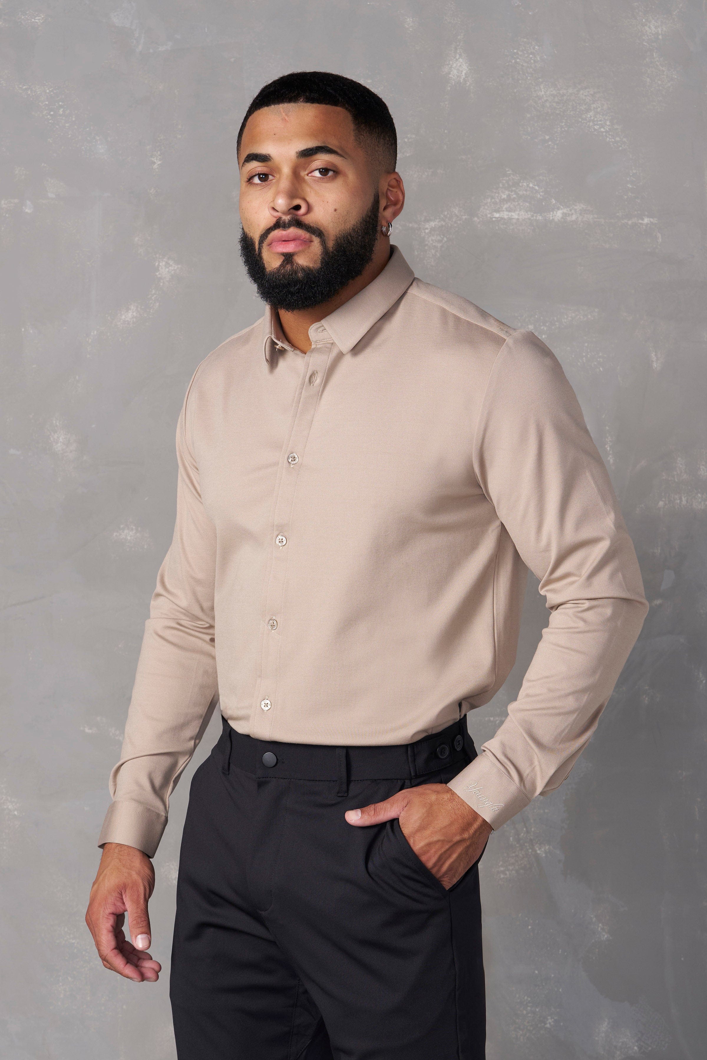Close-up of a tailored dress shirt showcasing its fabric and fit.
