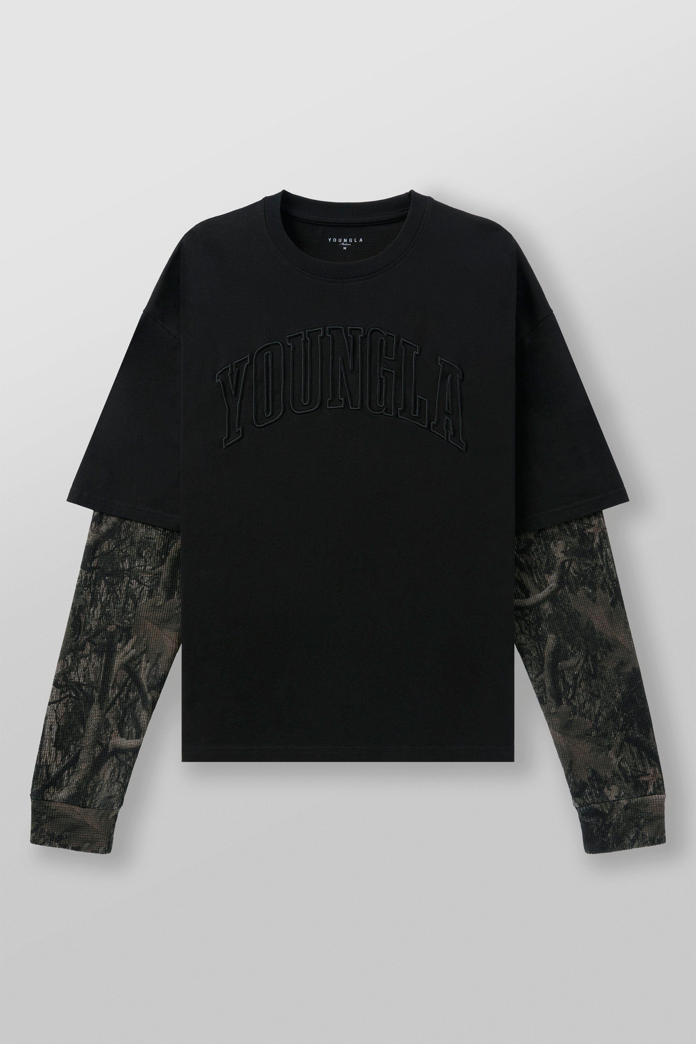 Front view of the tree camo long sleeve twofer shirt, showcasing the camo sleeves.