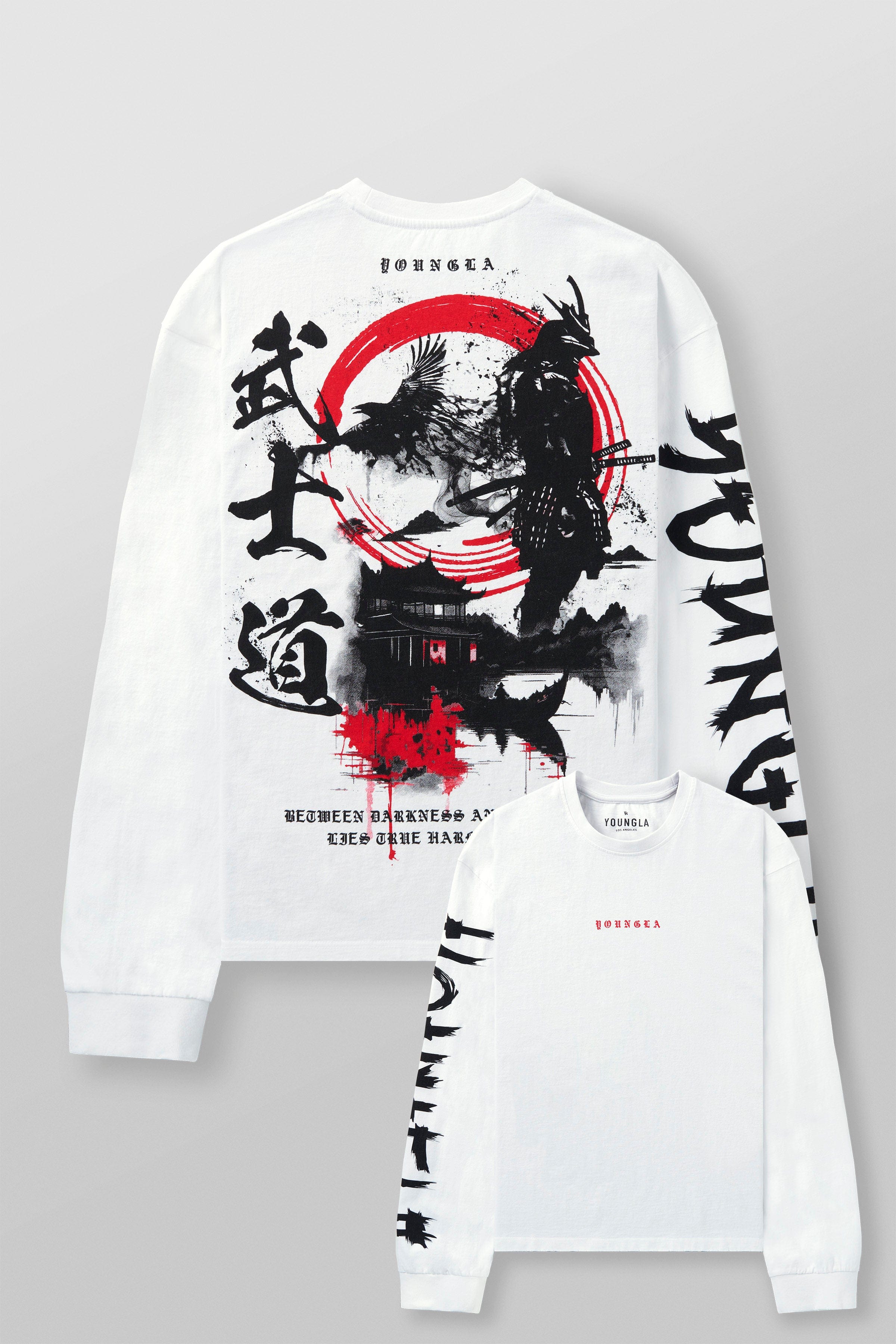 Back view showing Japanese warrior graphic shirt design in full detail