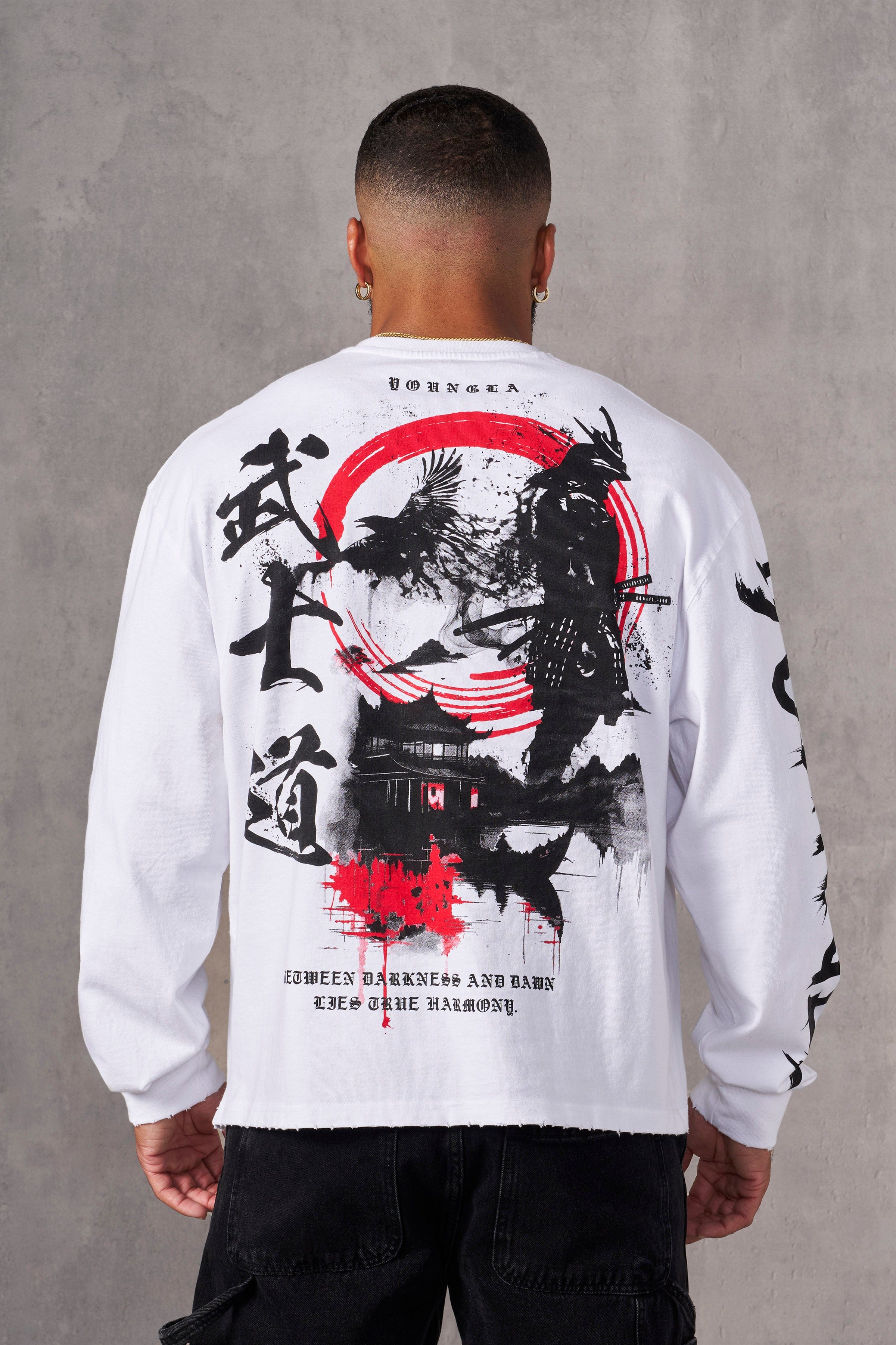 Front view of long sleeve cotton shirt modeled with relaxed fit