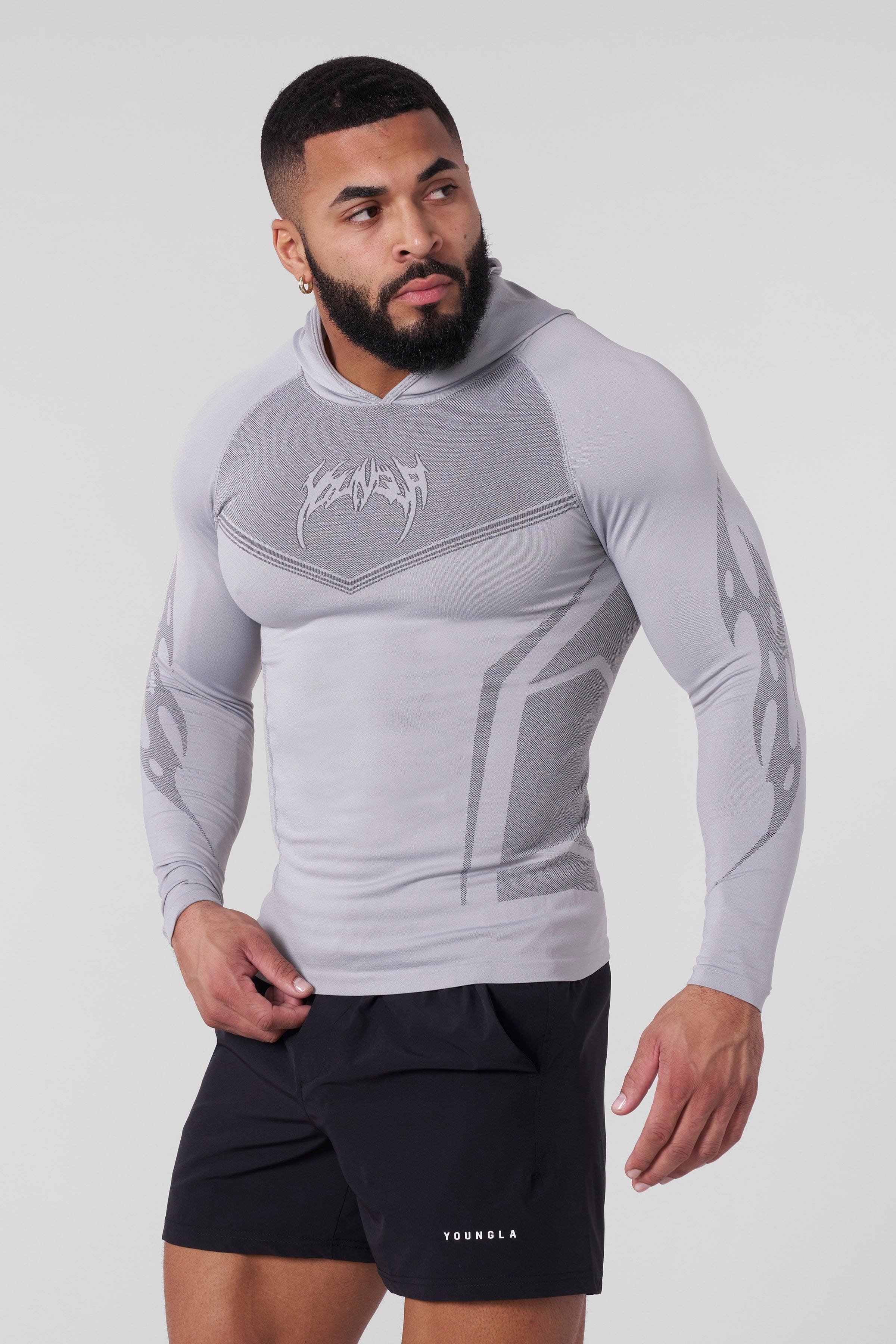 Close-up of the Warrior Compression Hoodie showing fabric texture and fit.