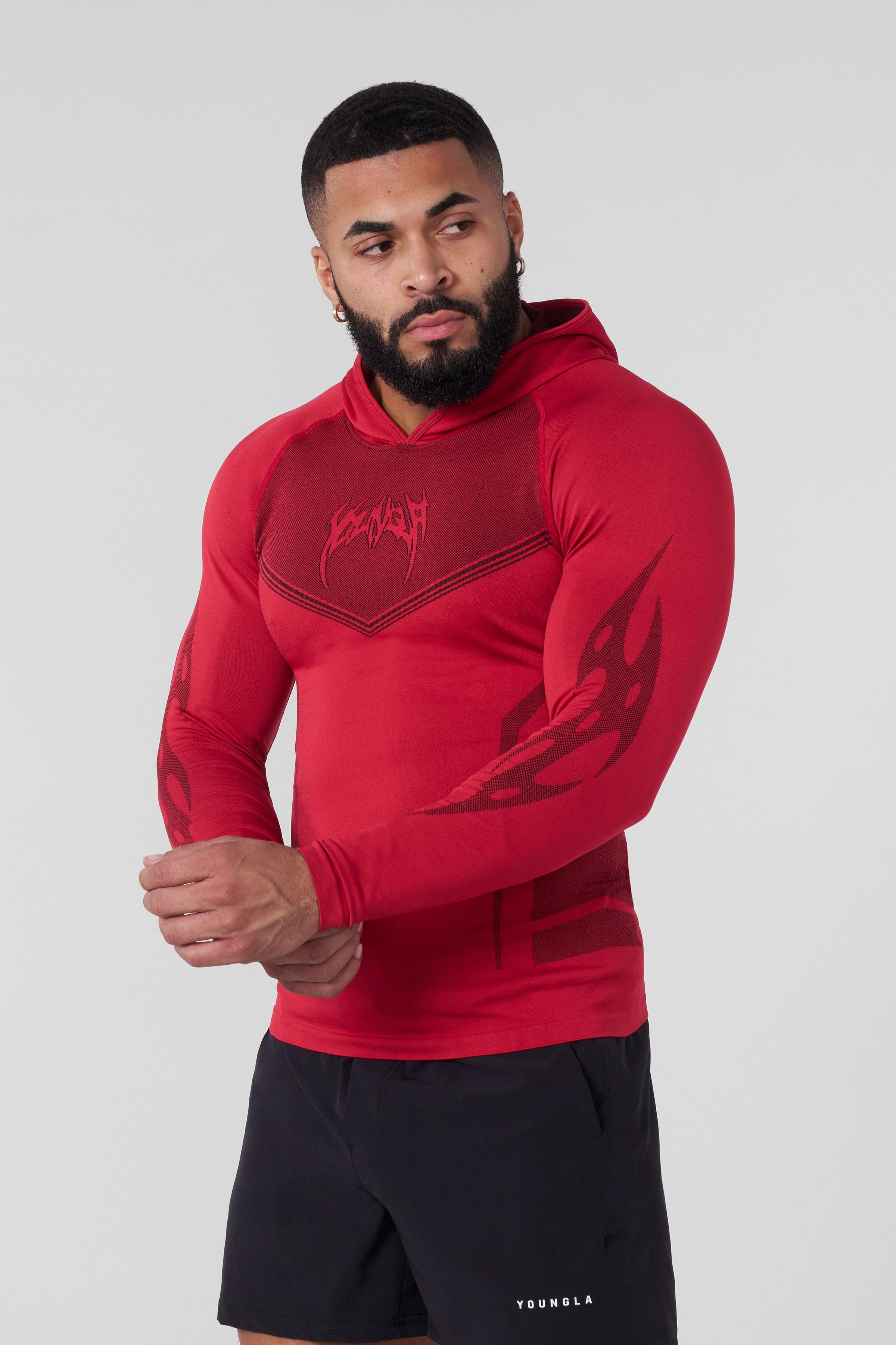 Close-up of the Warrior Compression Hoodie showing fabric texture and fit.
