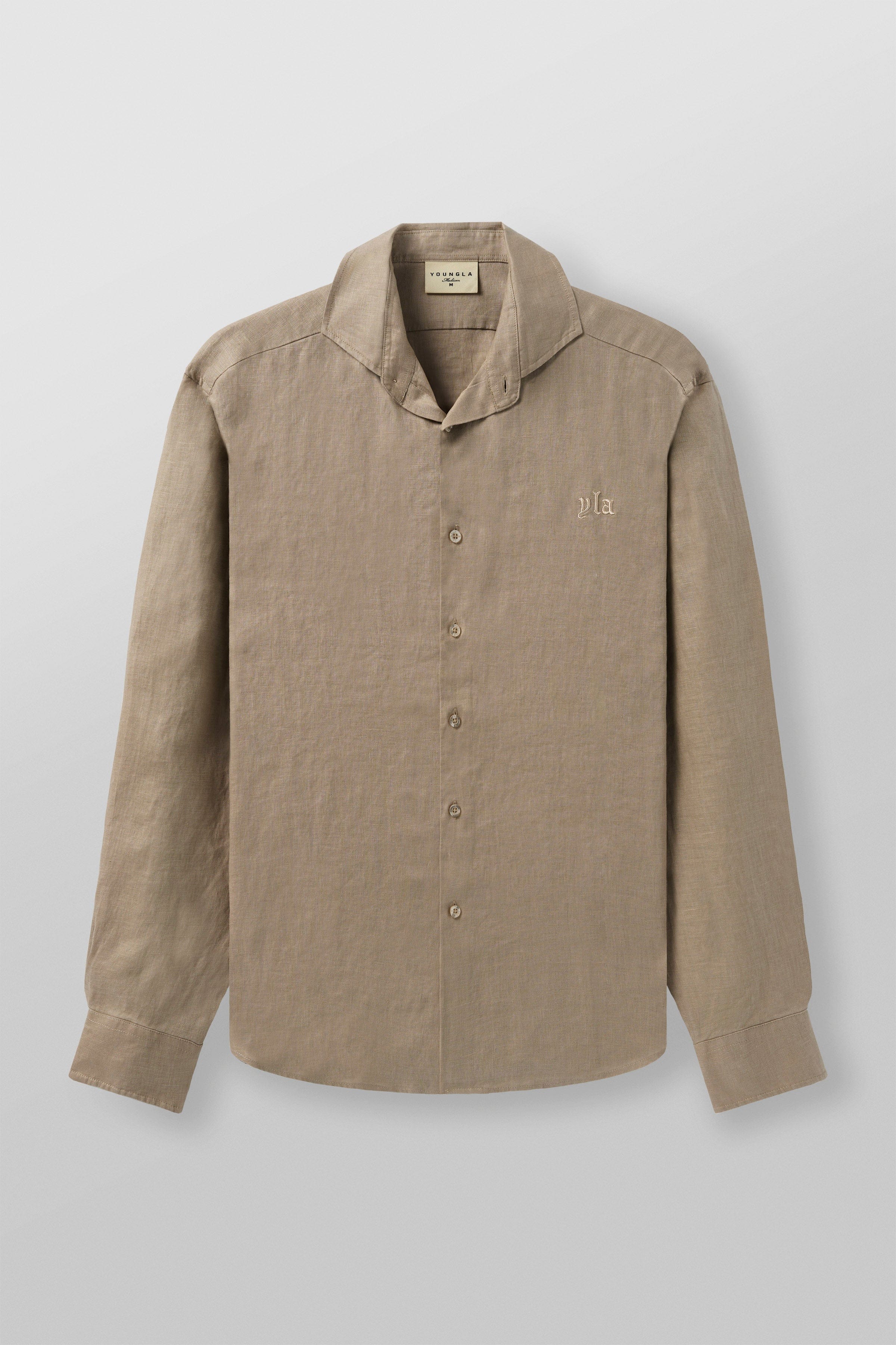 Close-up of linen button down shirt showing textured fabric detail