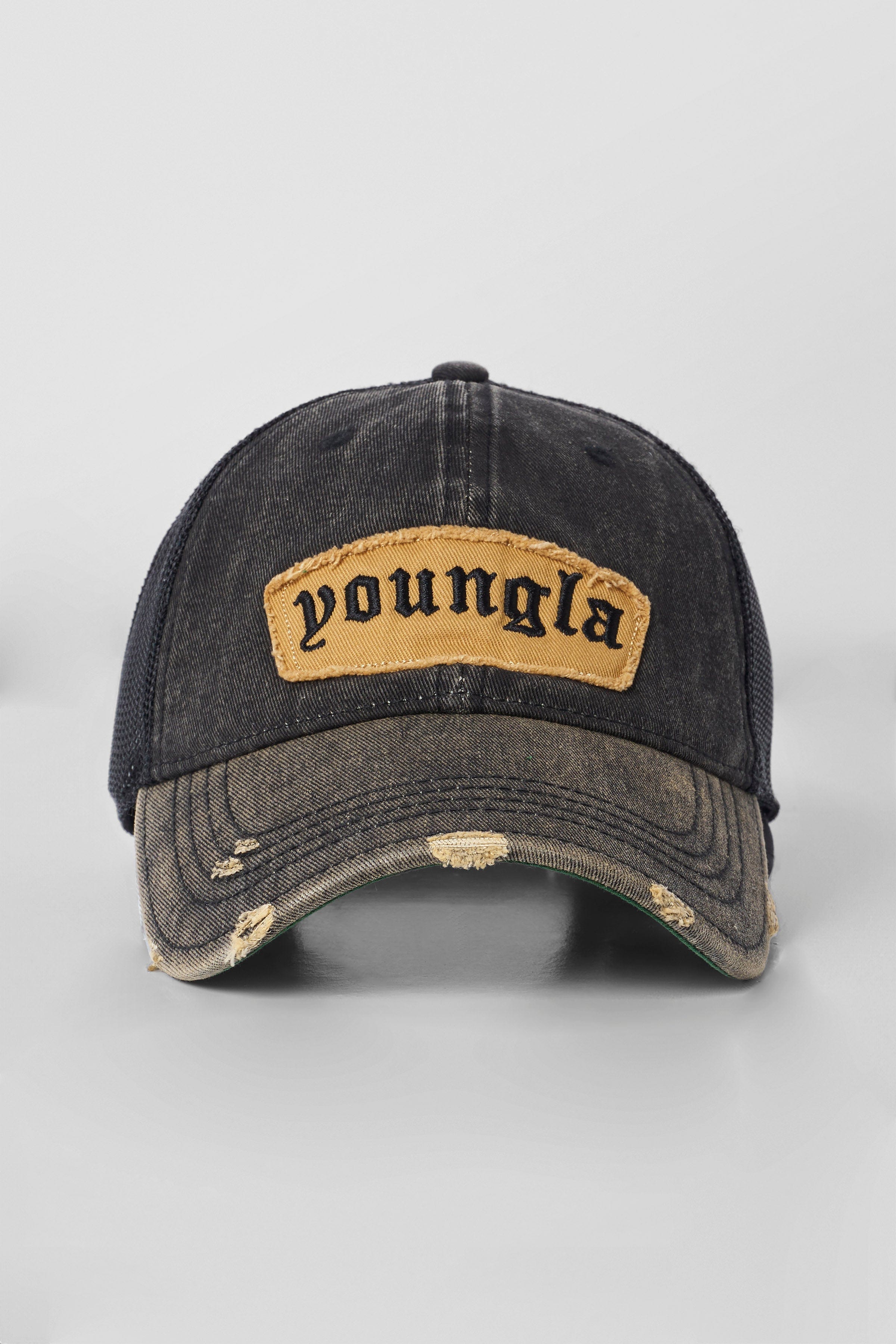 Front view of the retro vintage dad hat showcasing the distressed design.