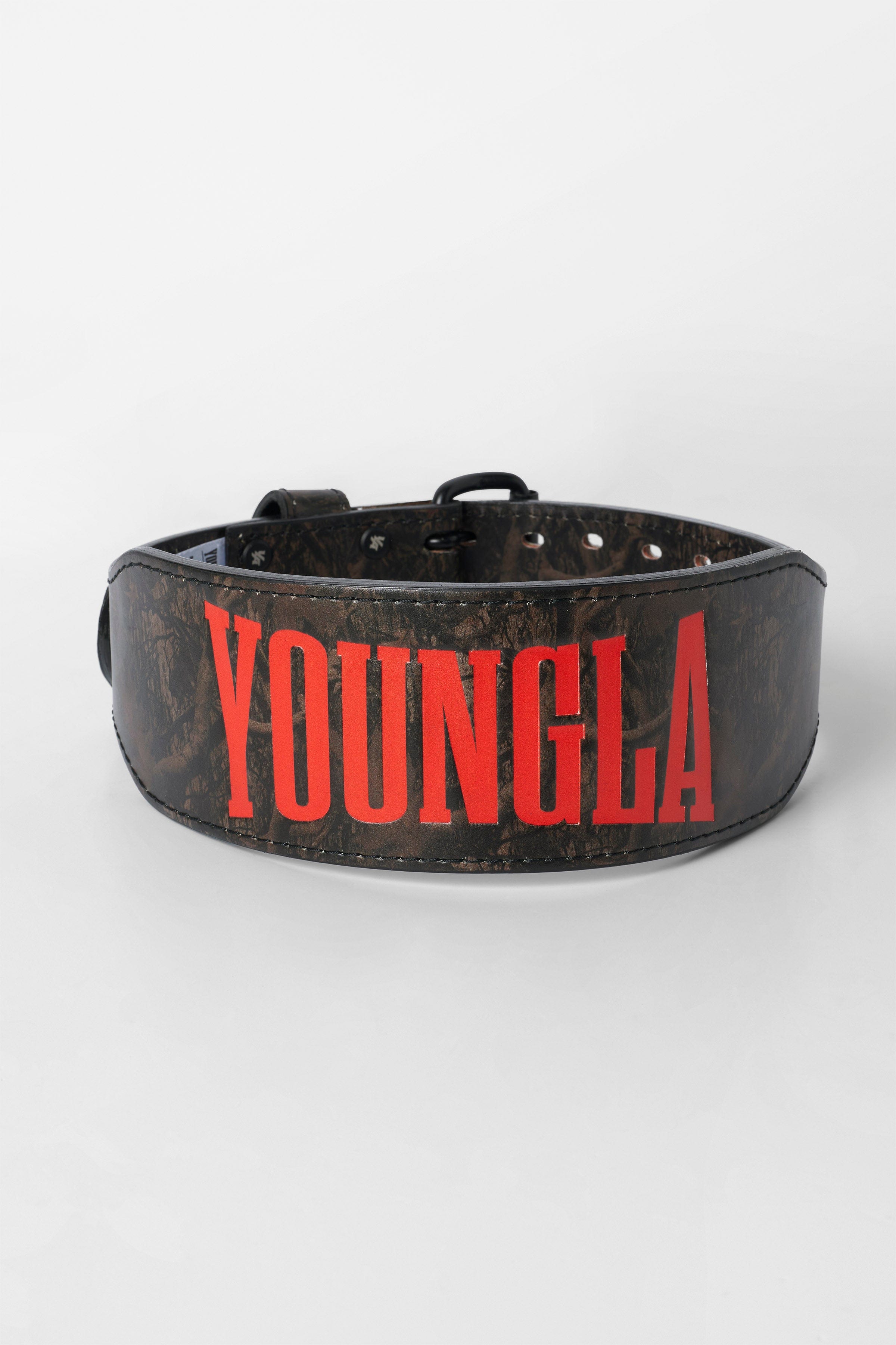 Close-up of the tree camo leather weightlifting belt showcasing its double prong design.